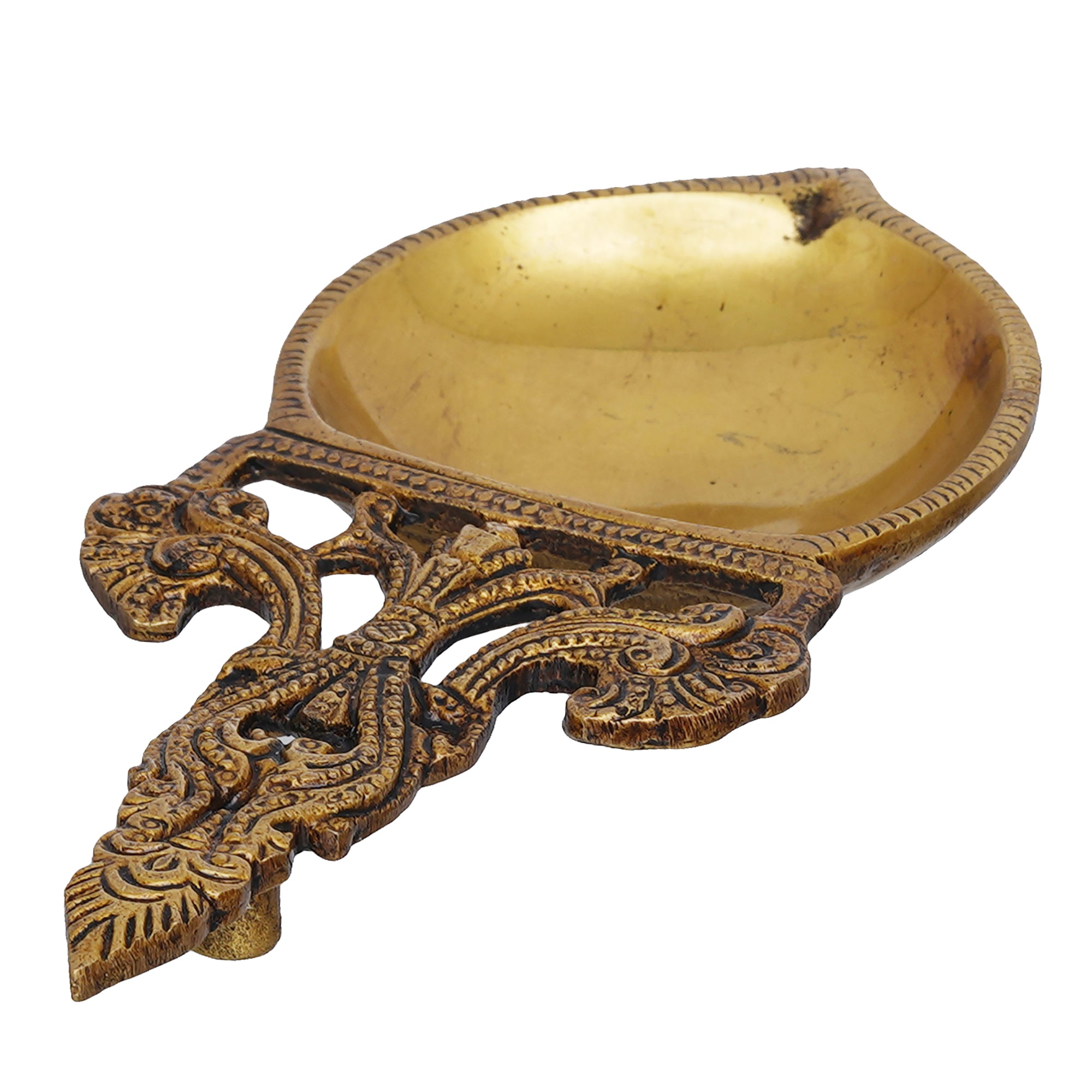 eCraftIndia Golden Ethnic Design Brass Diya with Handle - Ideal for Home Temple 7