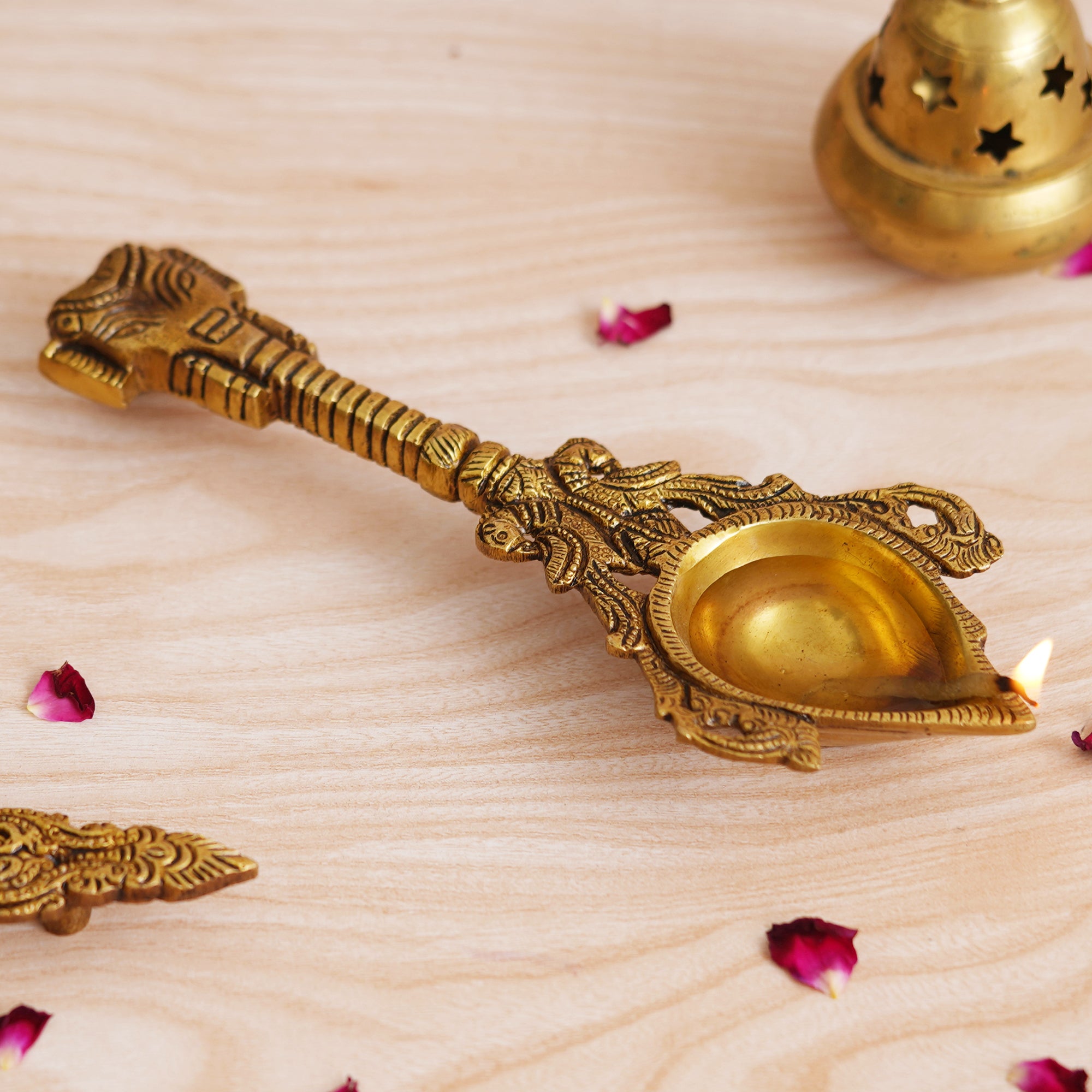 eCraftIndia Golden Handcrafted Ethnic Design Brass Diya with Handle
