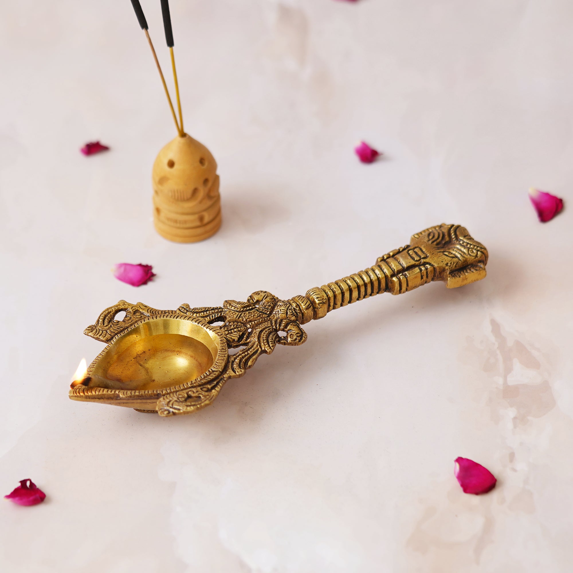 eCraftIndia Golden Handcrafted Ethnic Design Brass Diya with Handle 1
