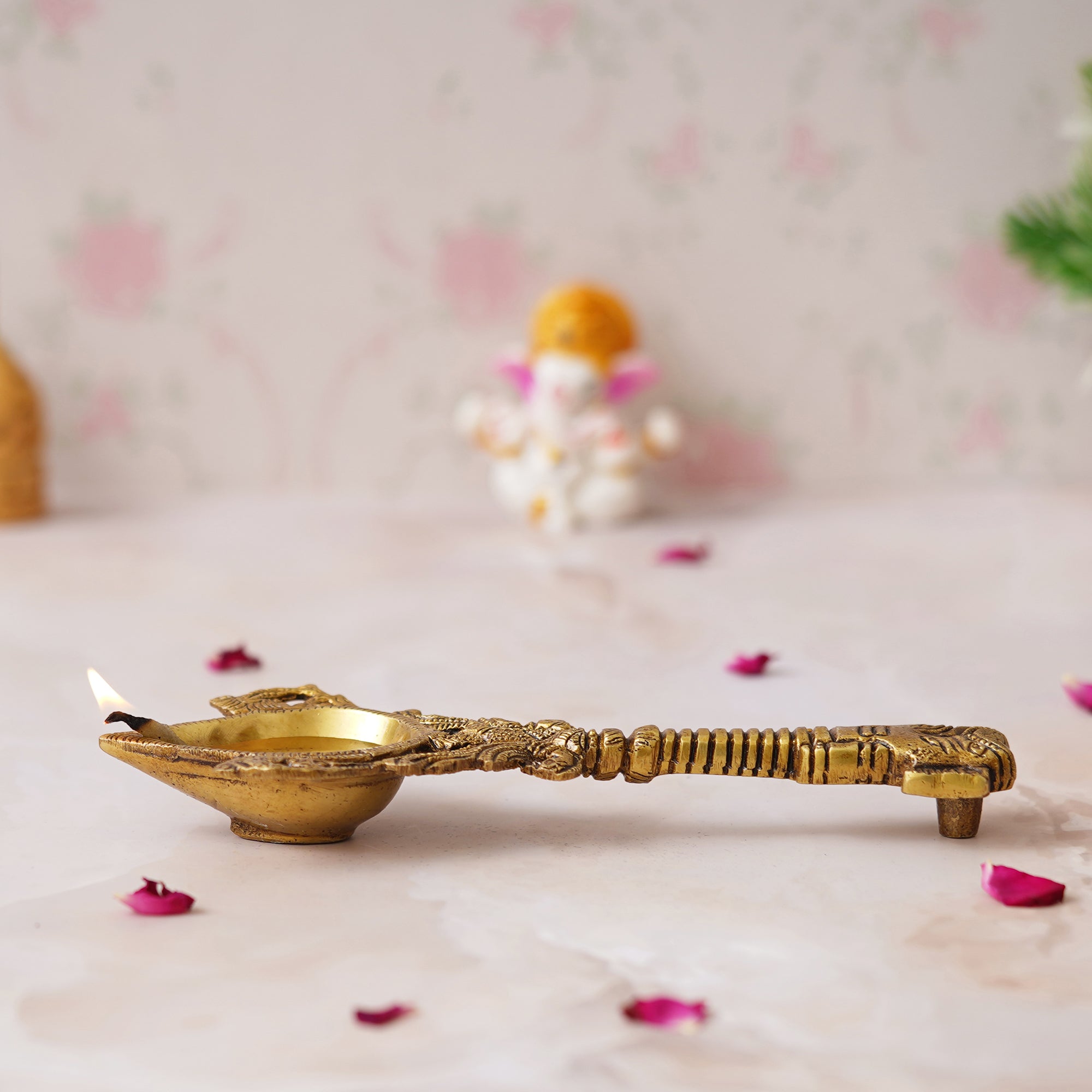 eCraftIndia Golden Handcrafted Ethnic Design Brass Diya with Handle 5