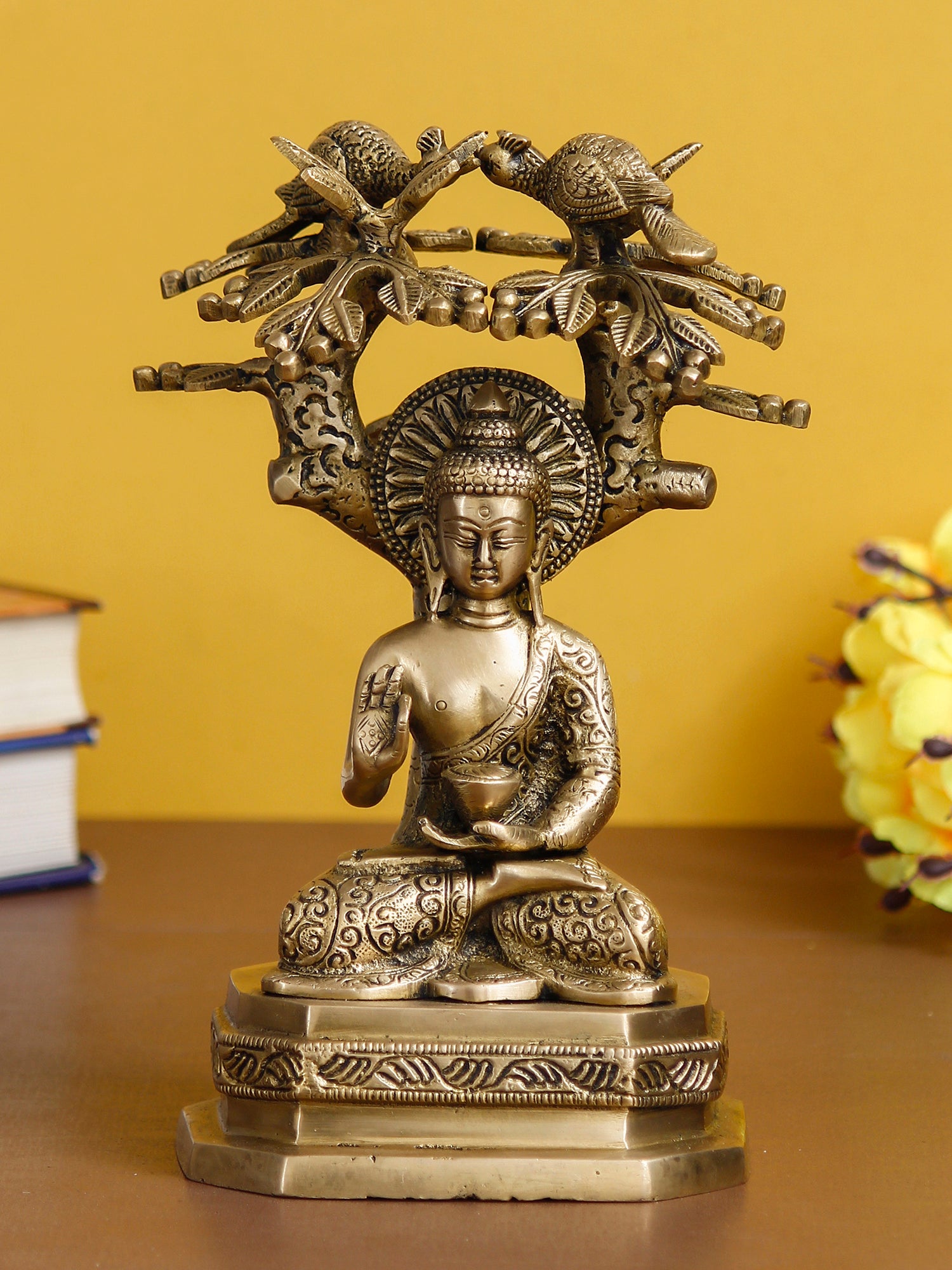 Golden Brass Ethnic Carved Blessing Lord Buddha Meditating Under Tree Showpiece