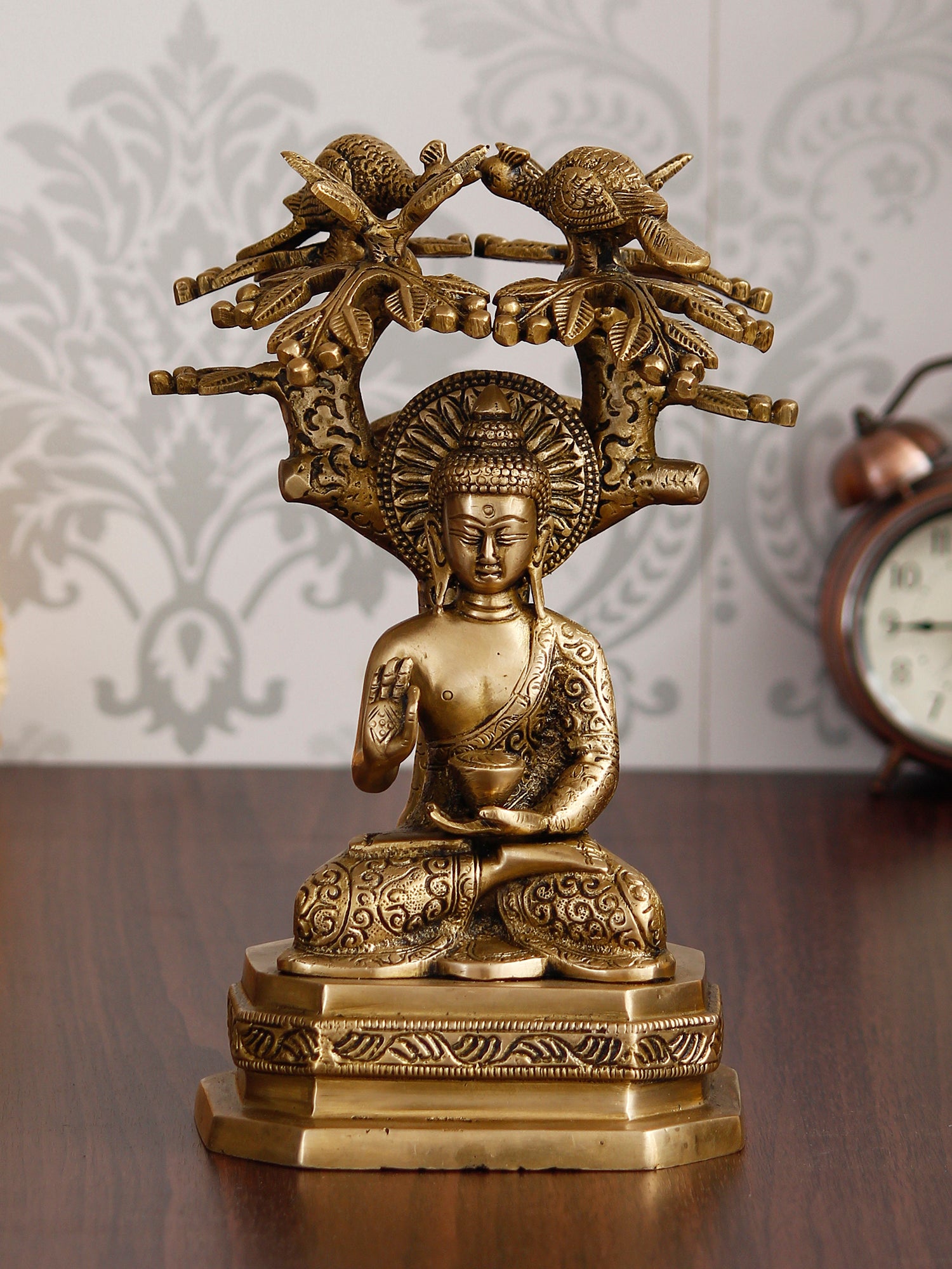 Golden Brass Ethnic Carved Blessing Lord Buddha Meditating Under Tree Showpiece 1