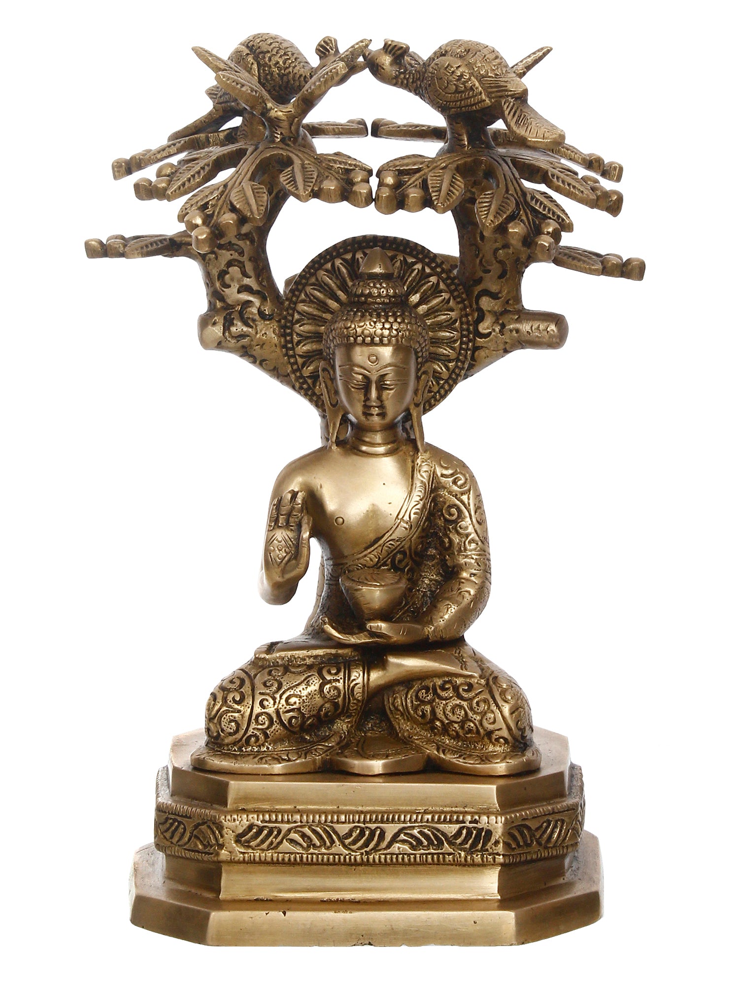 Golden Brass Ethnic Carved Blessing Lord Buddha Meditating Under Tree Showpiece 2