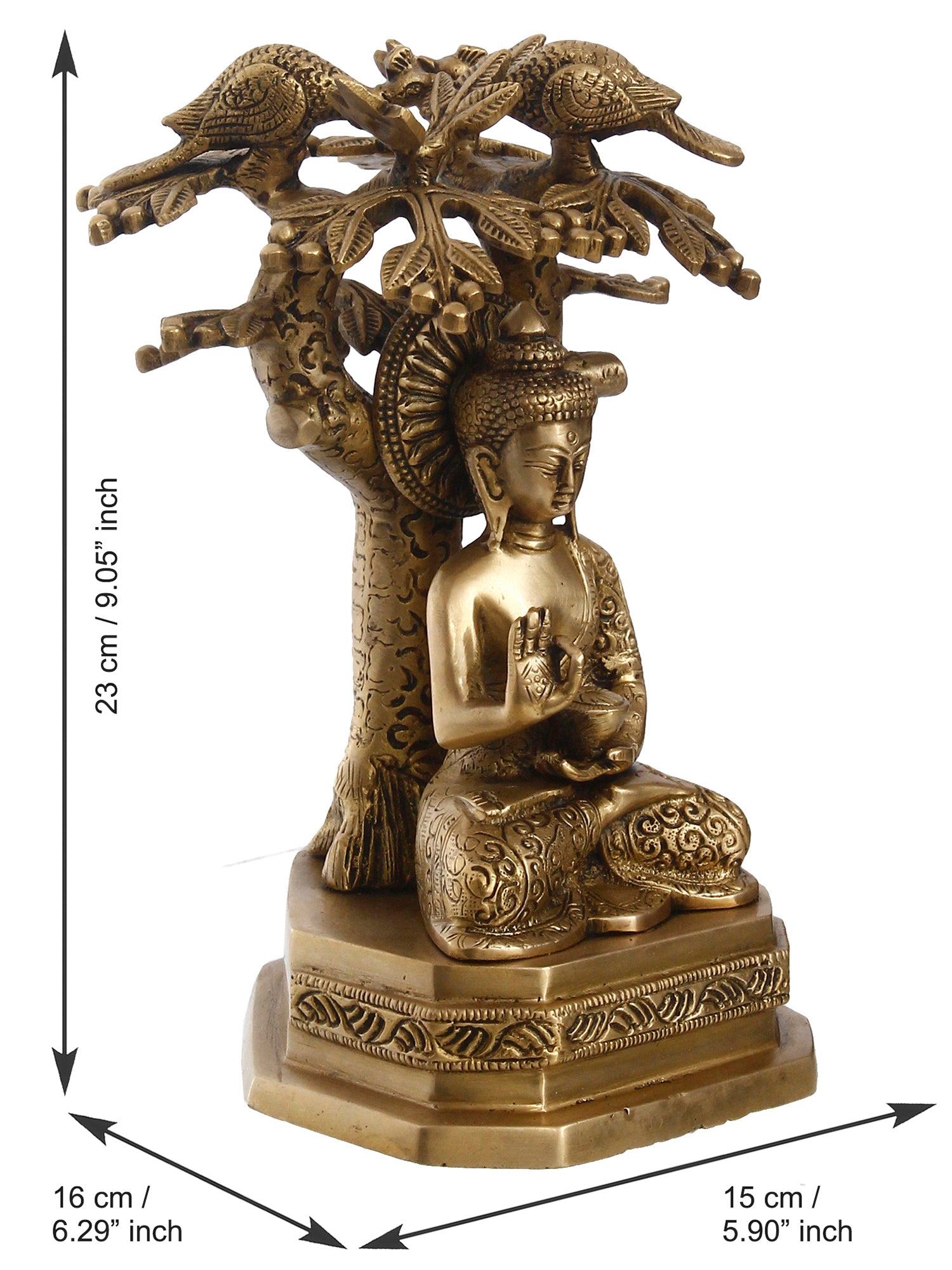 Golden Brass Ethnic Carved Blessing Lord Buddha Meditating Under Tree Showpiece 3