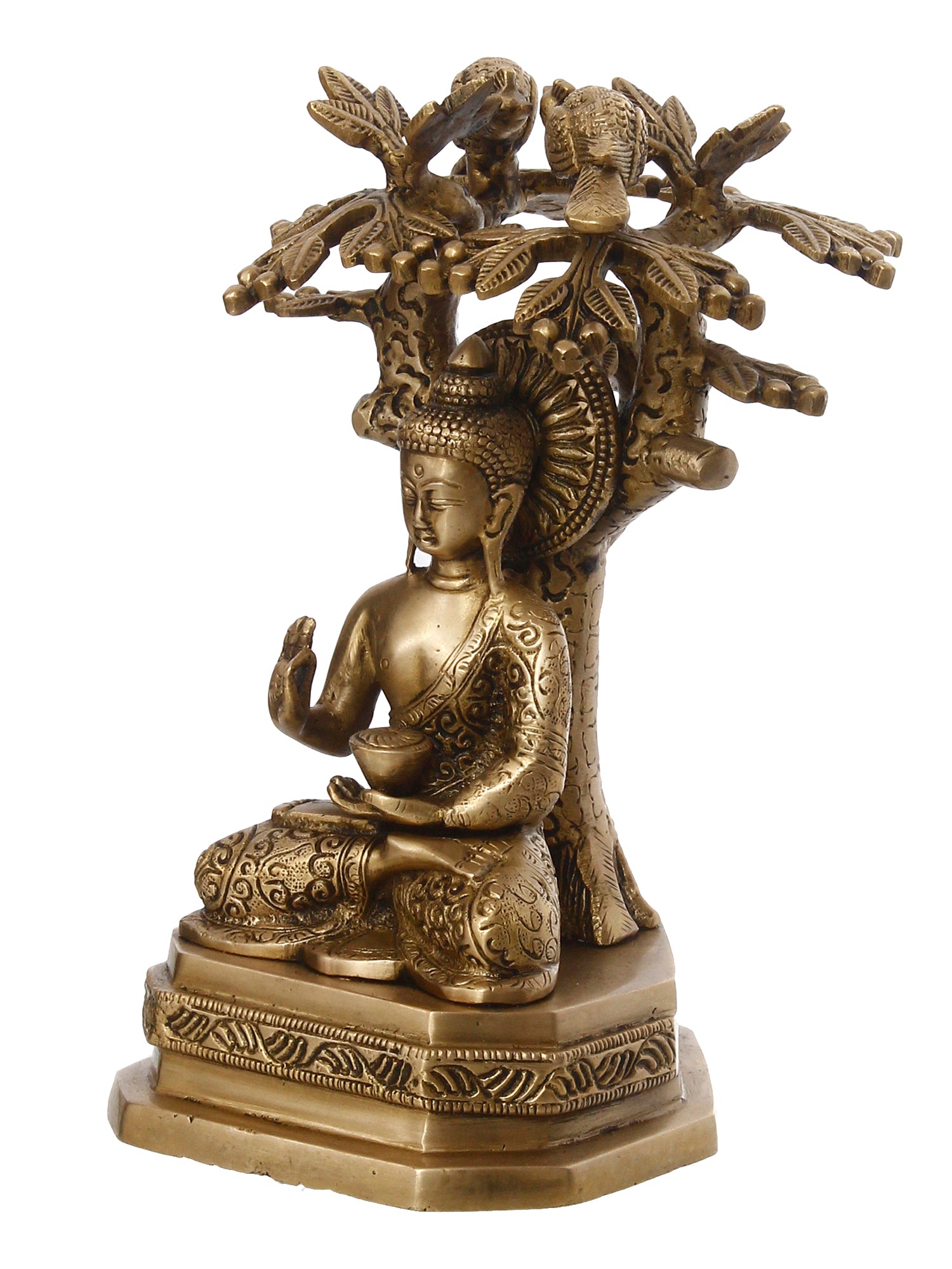 Golden Brass Ethnic Carved Blessing Lord Buddha Meditating Under Tree Showpiece 4