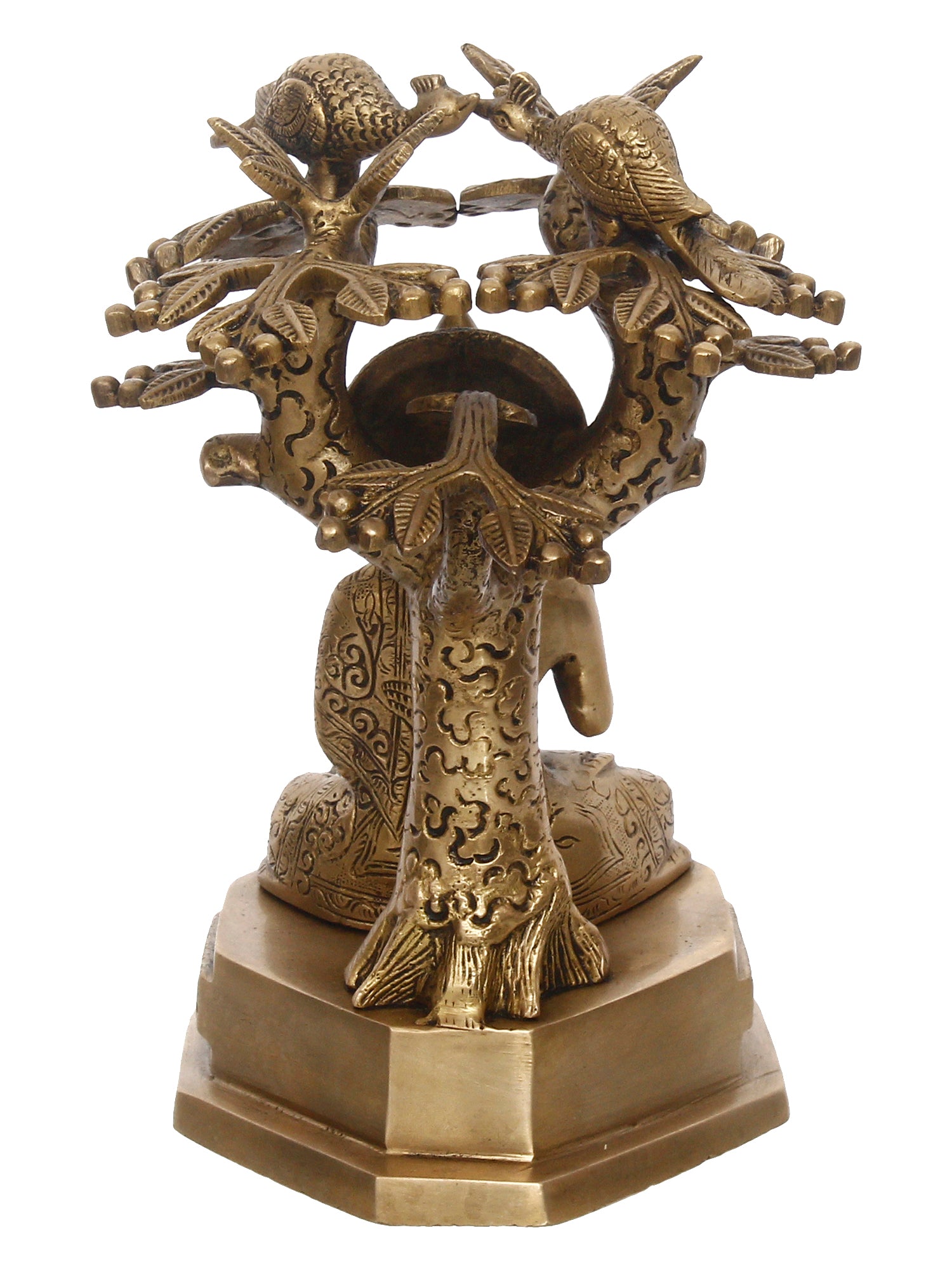 Golden Brass Ethnic Carved Blessing Lord Buddha Meditating Under Tree Showpiece 6