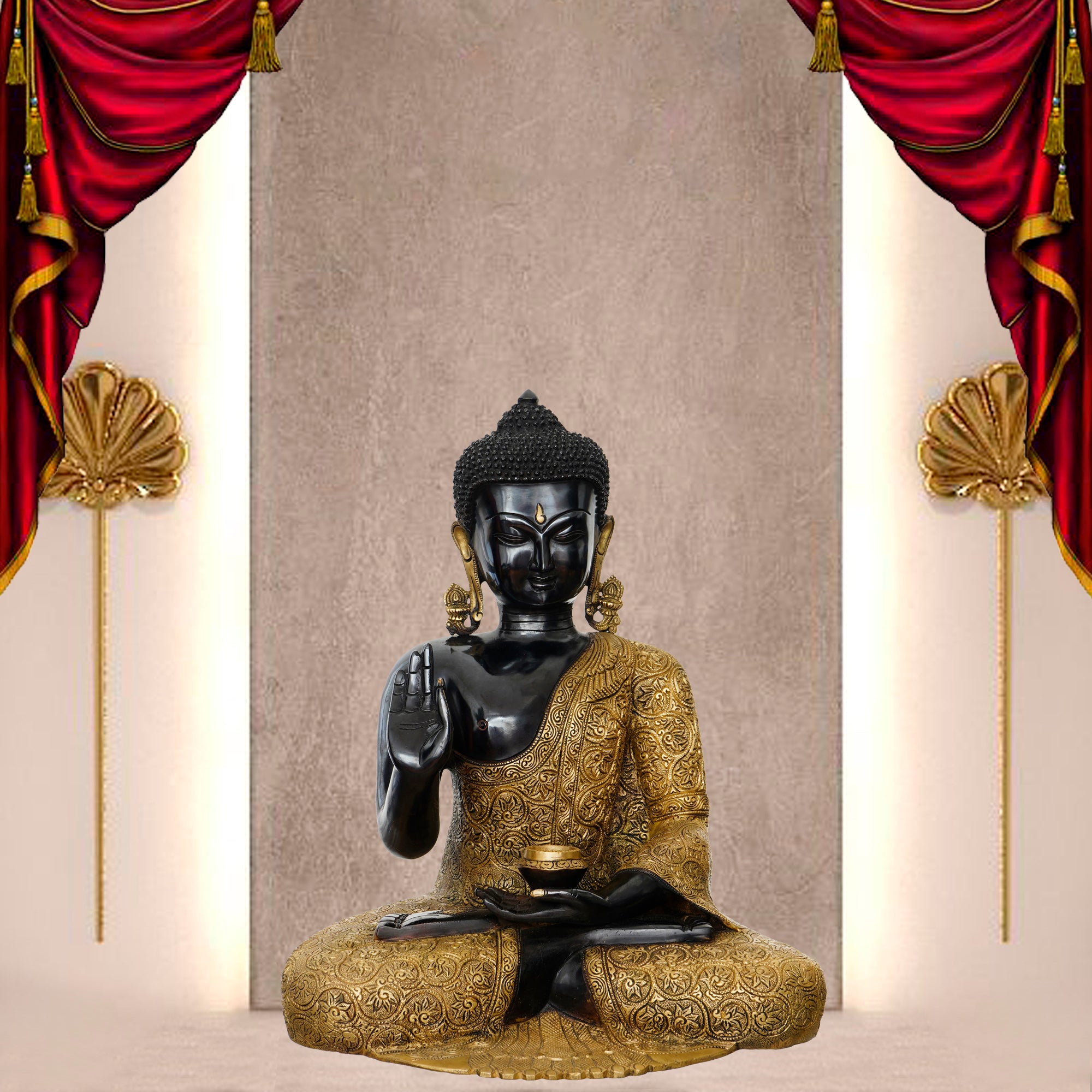 Golden and Black Brass Handcrafted Peaceful Meditating Lord Buddha Statue 1