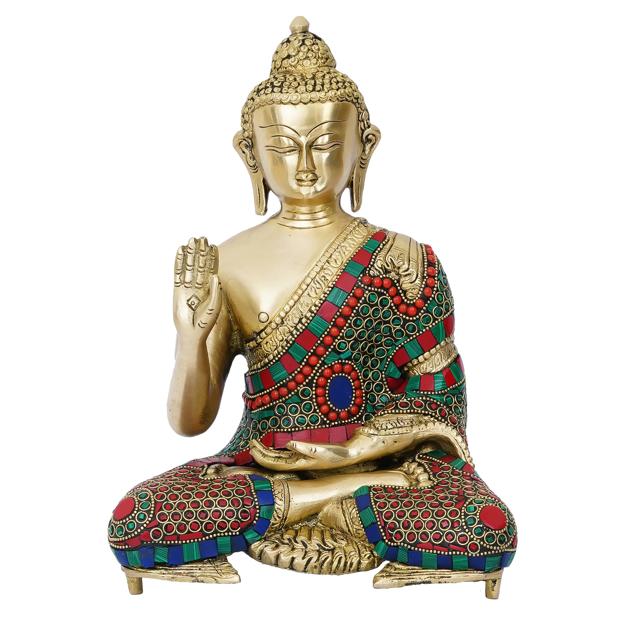 Brass Golden and Colorful Stone Work Handcrafted Lord Buddha Idol 3