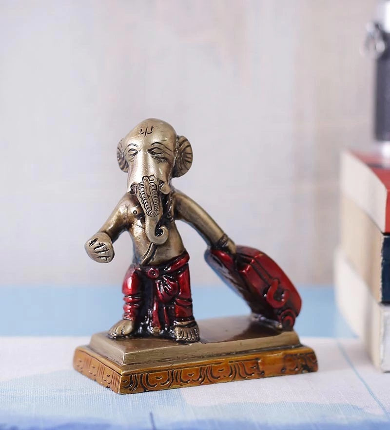 Golden and Brown Brass Ganesha Idol Carrying Happiness Around The World Showpiece