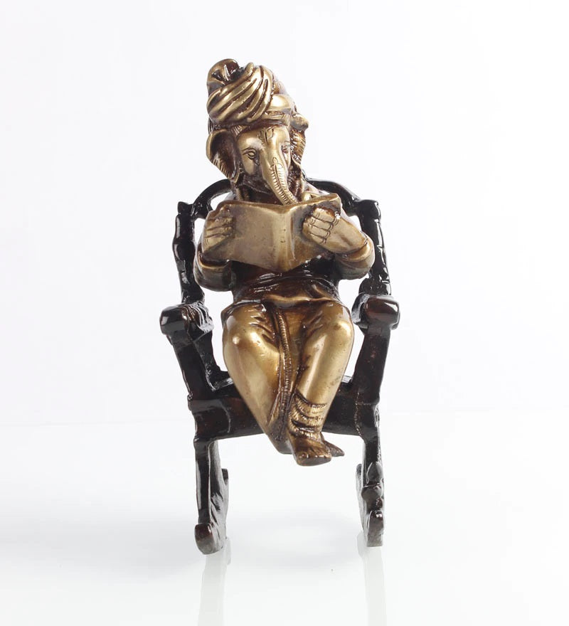 Brown Brass Lord Ganesha Idol On Rocking Chair Showpiece 4