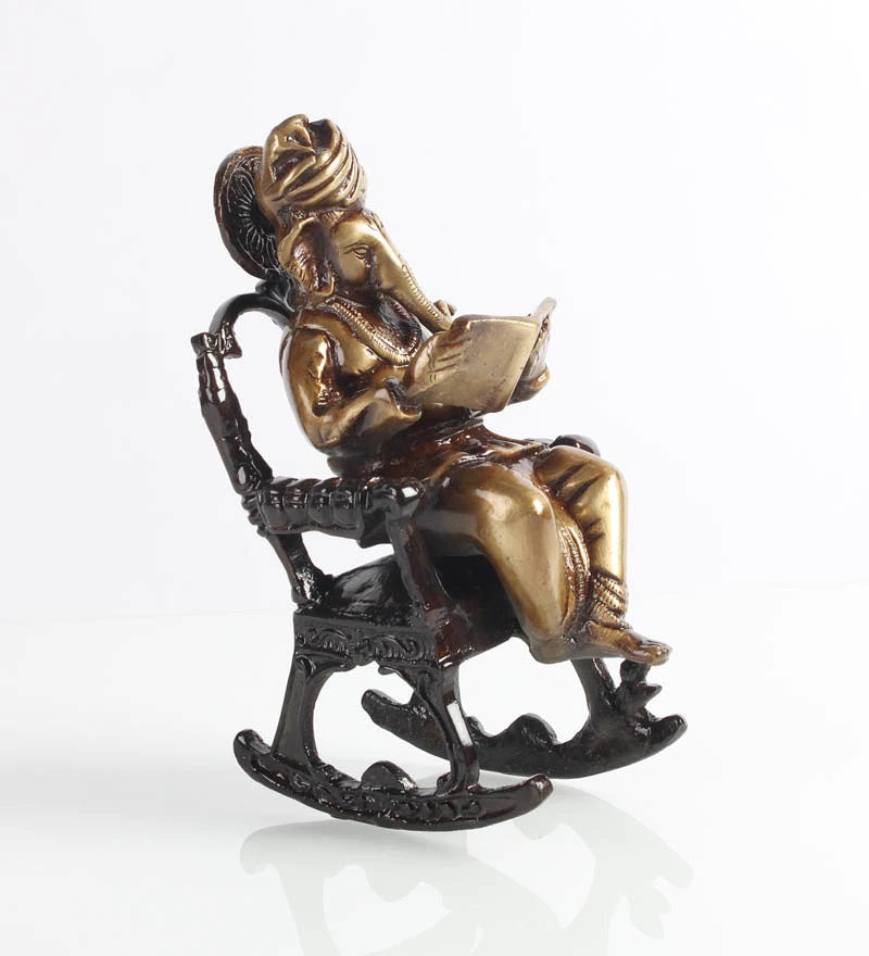 Brown Brass Lord Ganesha Idol On Rocking Chair Showpiece 5