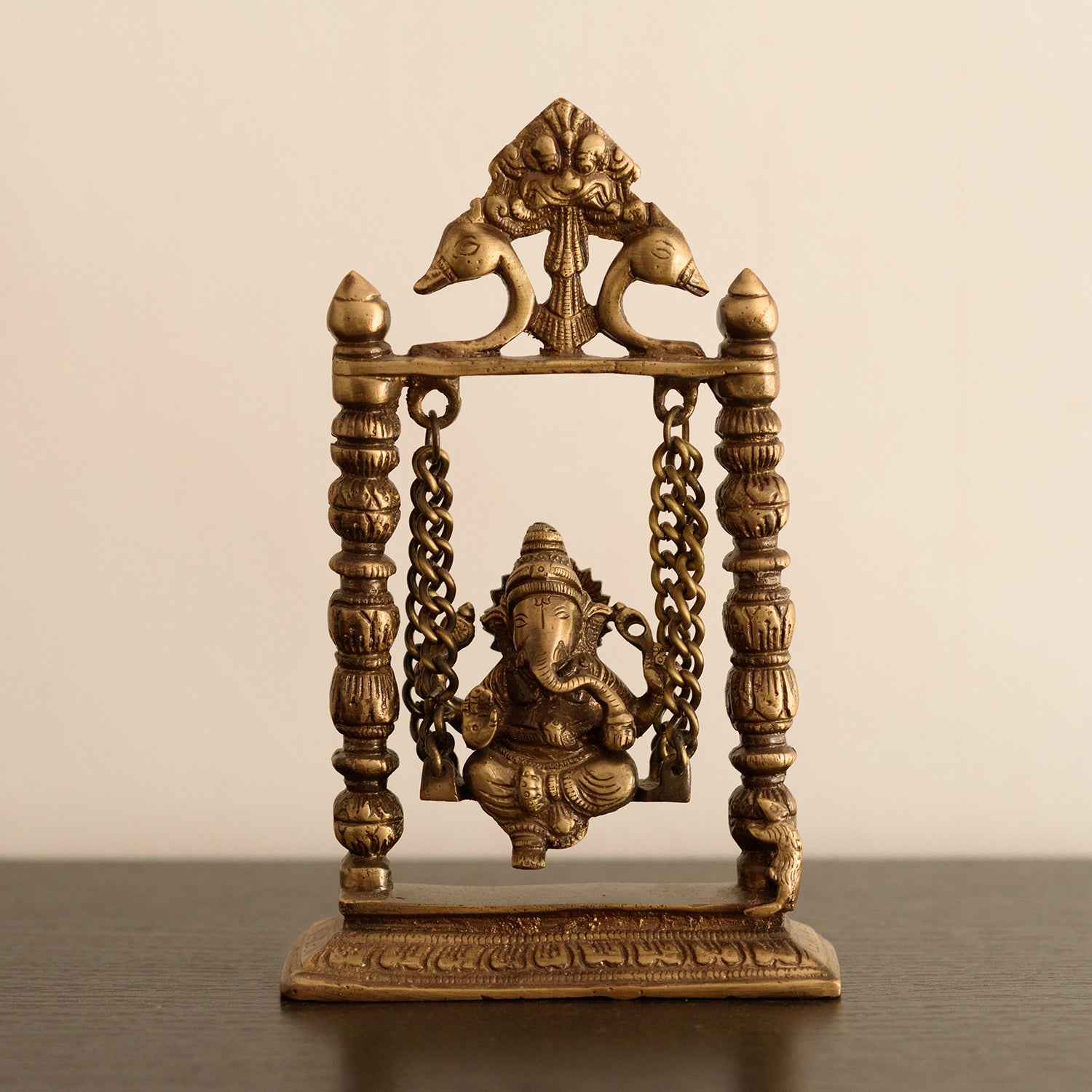 Gold Brass Lord Ganesha on Peacock Swing (Jhoola)