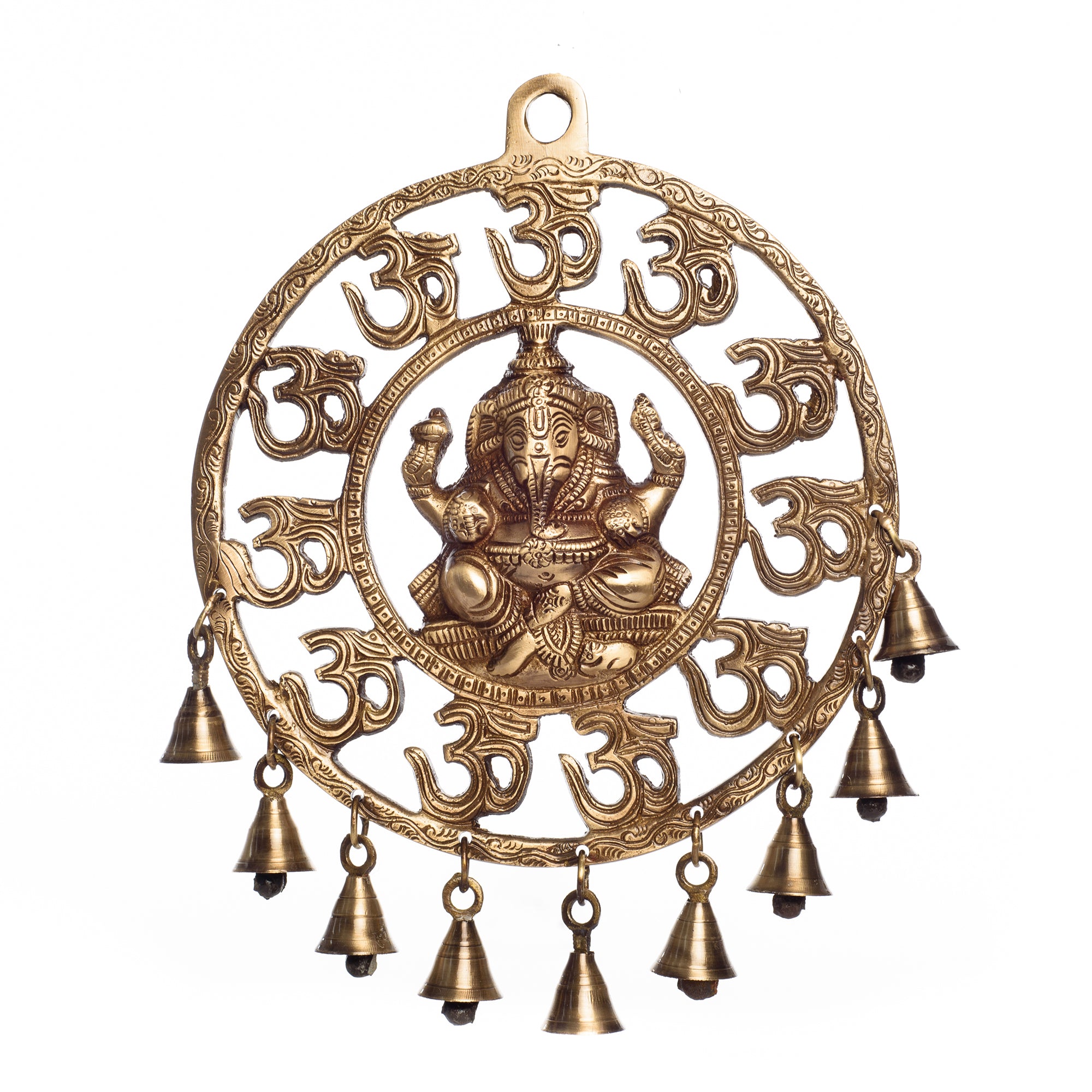 Brown Brass Om Ganesha Wall Hanging With Bells