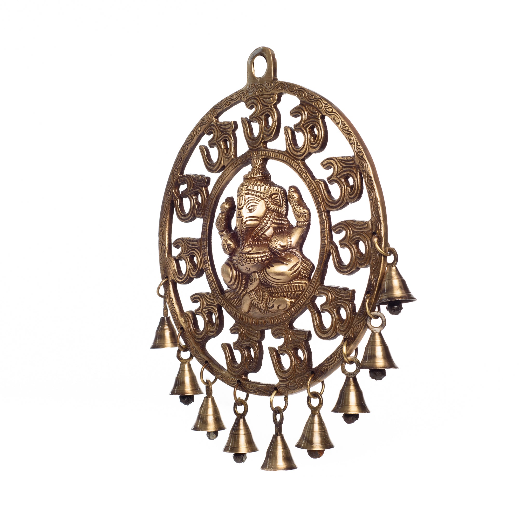 Brown Brass Om Ganesha Wall Hanging With Bells 2