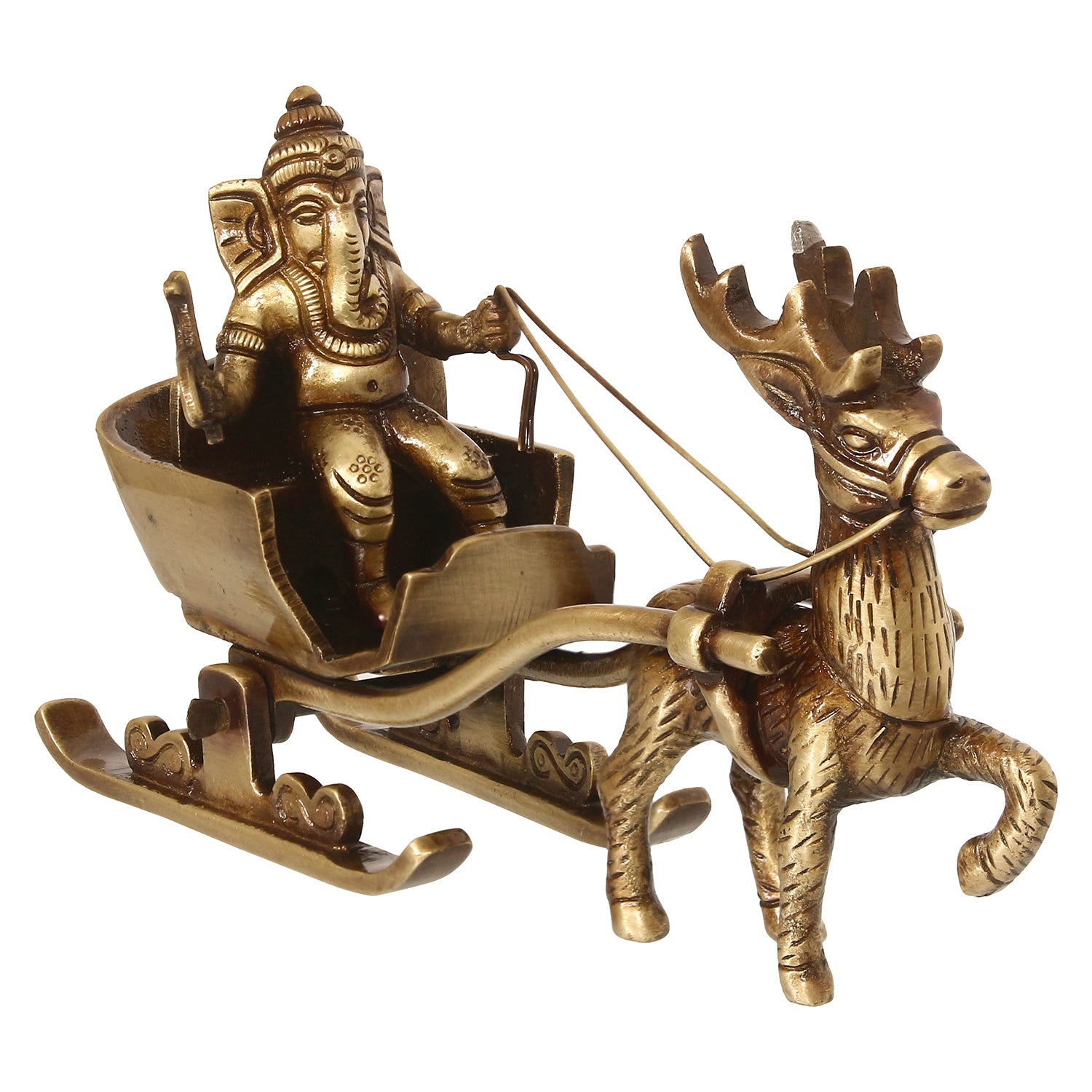 Gold Brass Ganesha Enjoying Ride With Deer Cart Decorative Showpiece 2