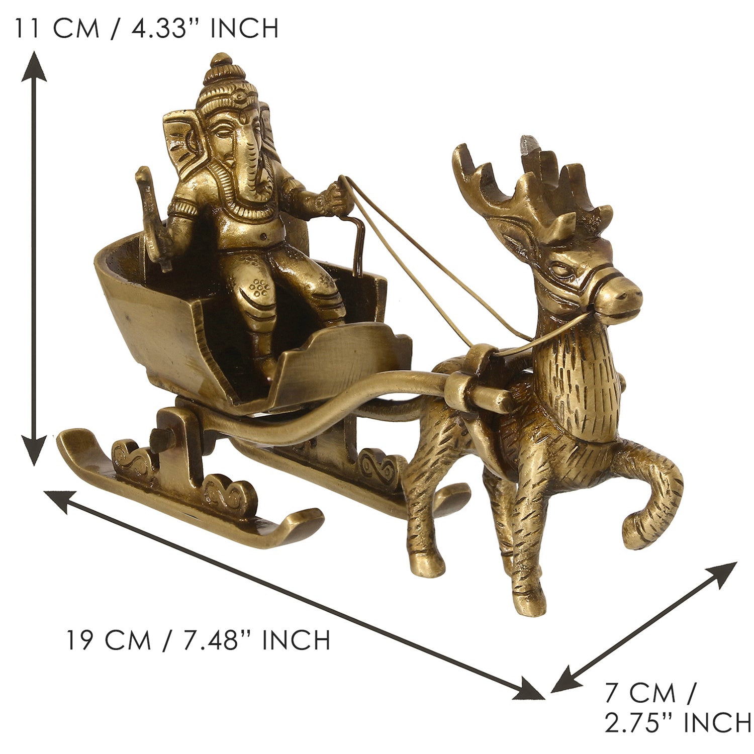 Gold Brass Ganesha Enjoying Ride With Deer Cart Decorative Showpiece 3