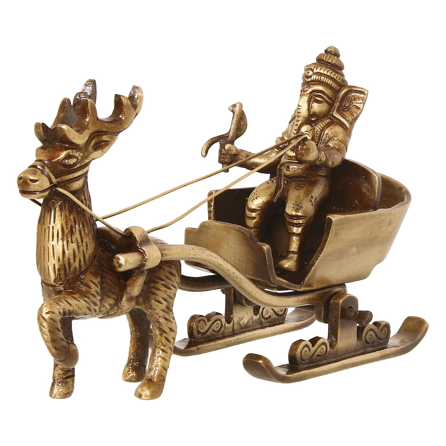 Gold Brass Ganesha Enjoying Ride With Deer Cart Decorative Showpiece 4