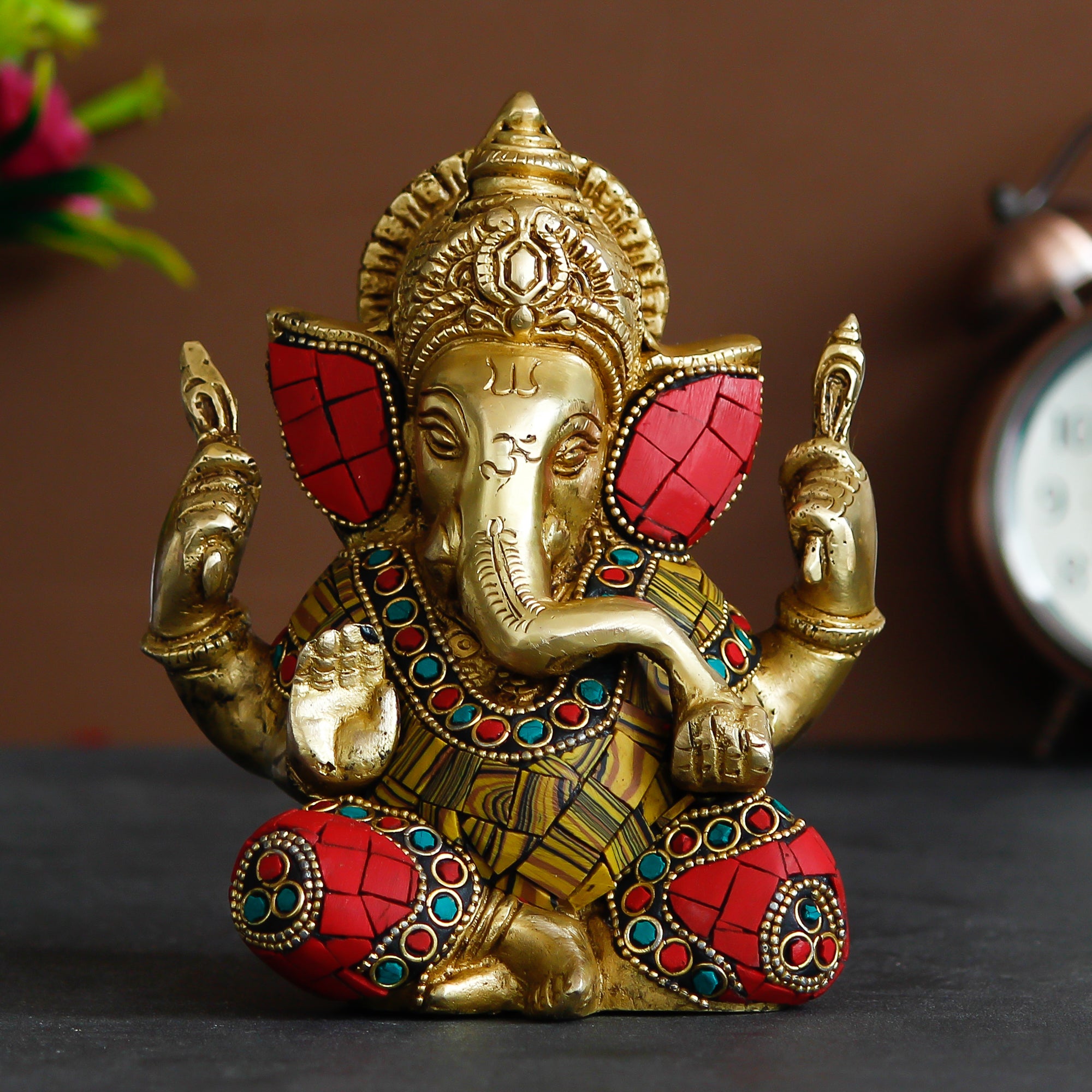 Golden Stone Work Handcrafted Brass Lord Ganesha Idol 1