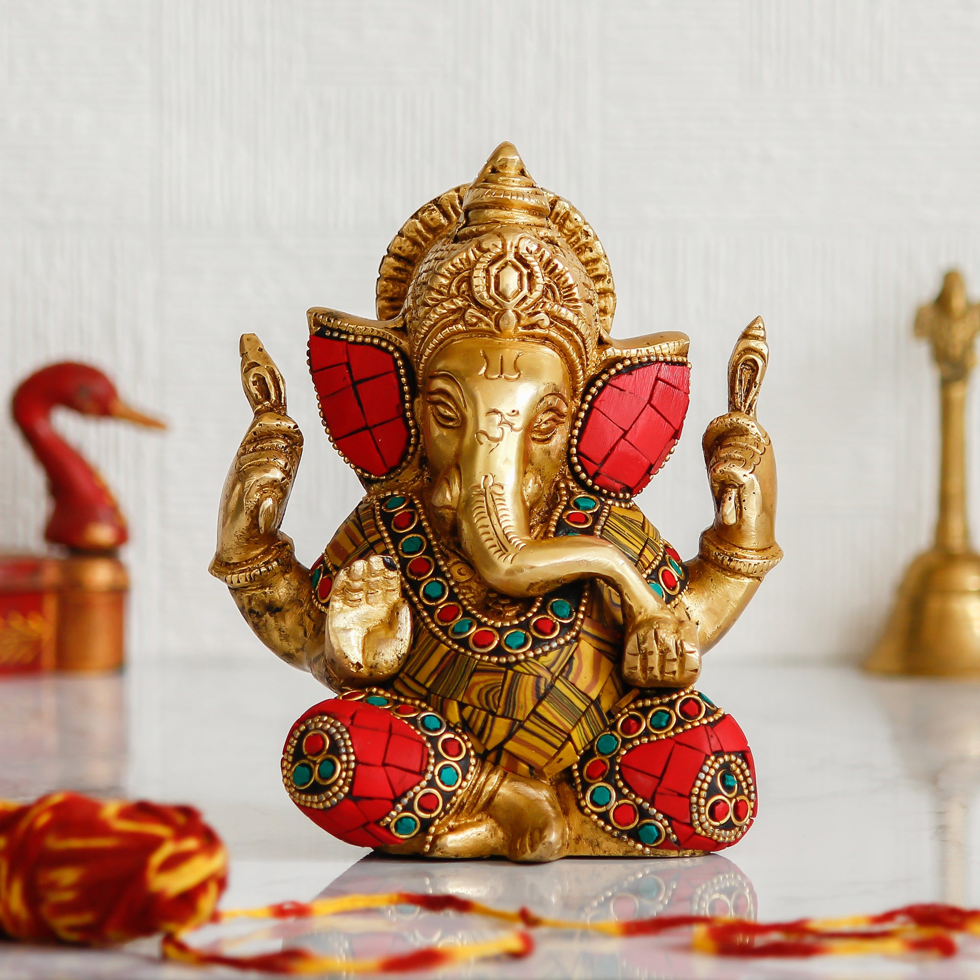 Golden Stone Work Handcrafted Brass Lord Ganesha Idol