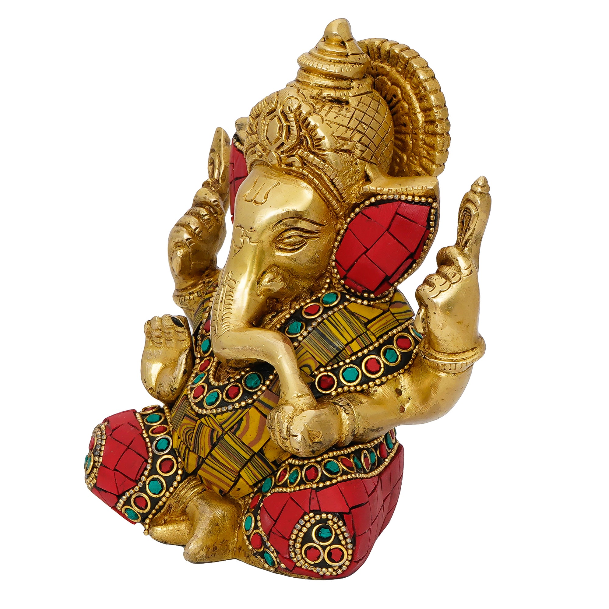 Golden Stone Work Handcrafted Brass Lord Ganesha Idol 5
