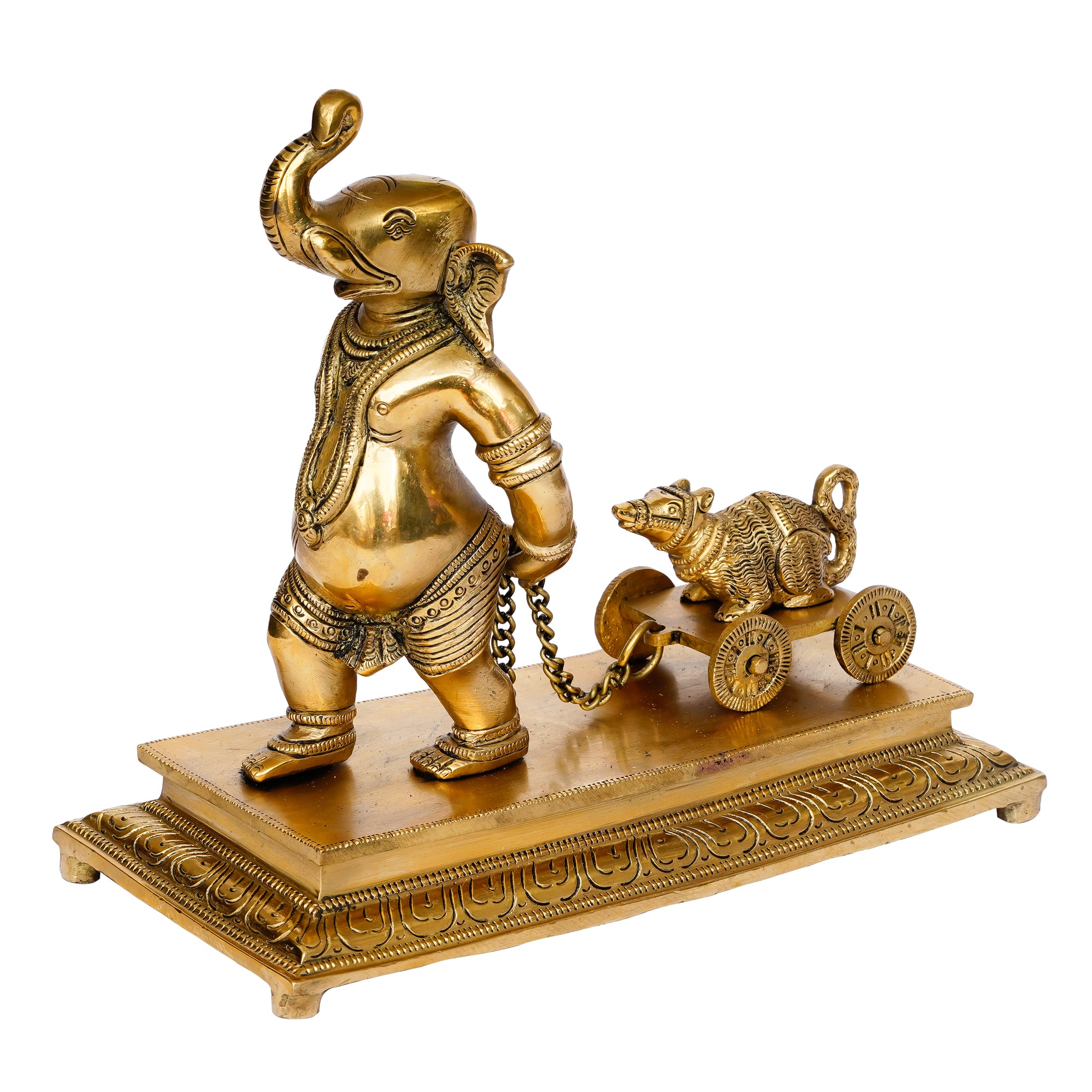 Golden Brass Handcrafted Lord Ganesha Idol Carrying Mushak Cart with Chain 1