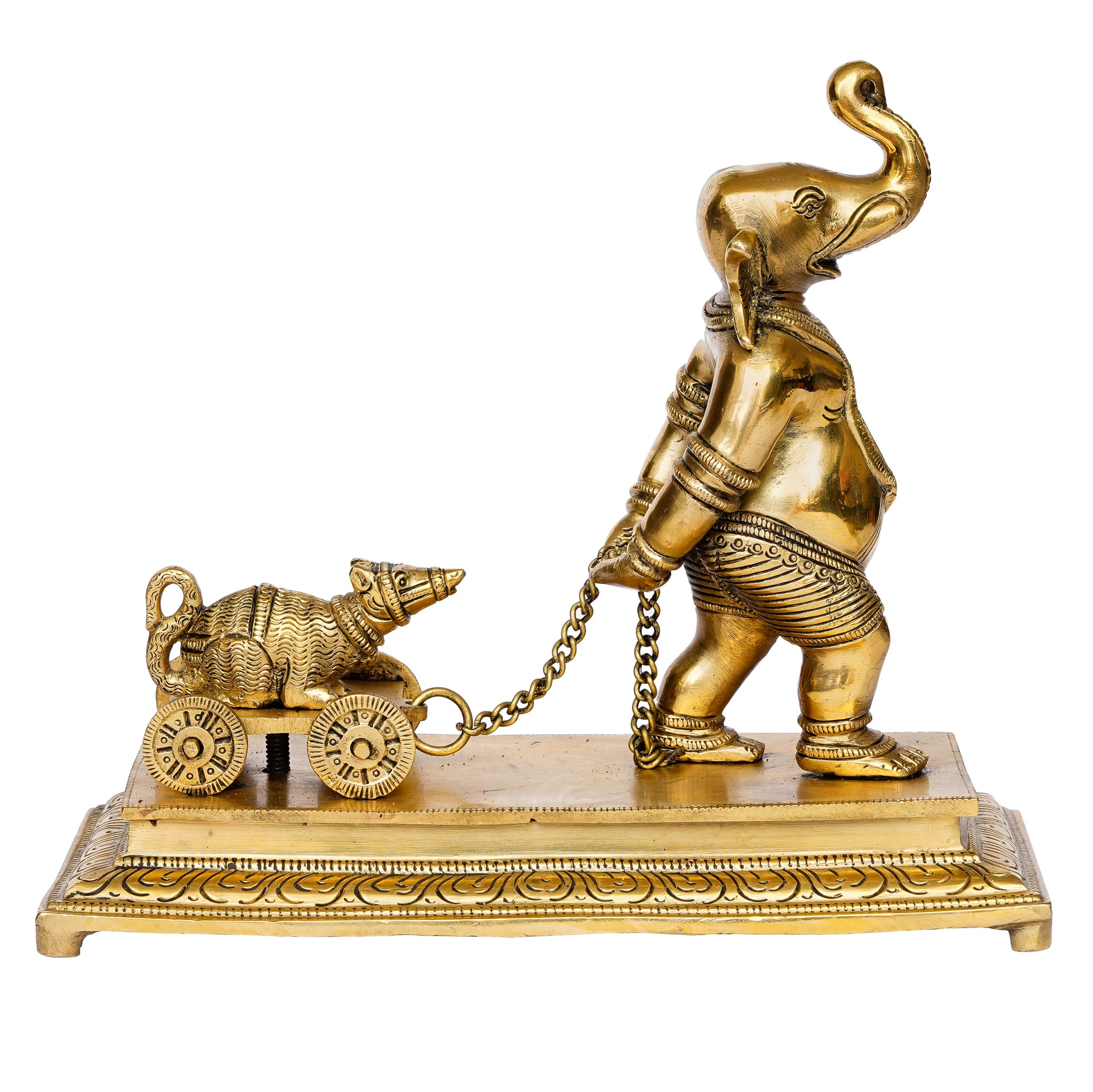 Golden Brass Handcrafted Lord Ganesha Idol Carrying Mushak Cart with Chain 3