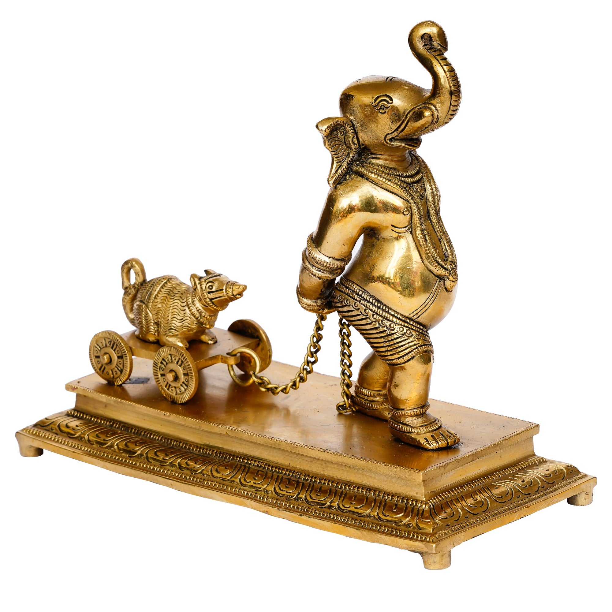 Golden Brass Handcrafted Lord Ganesha Idol Carrying Mushak Cart with Chain 4