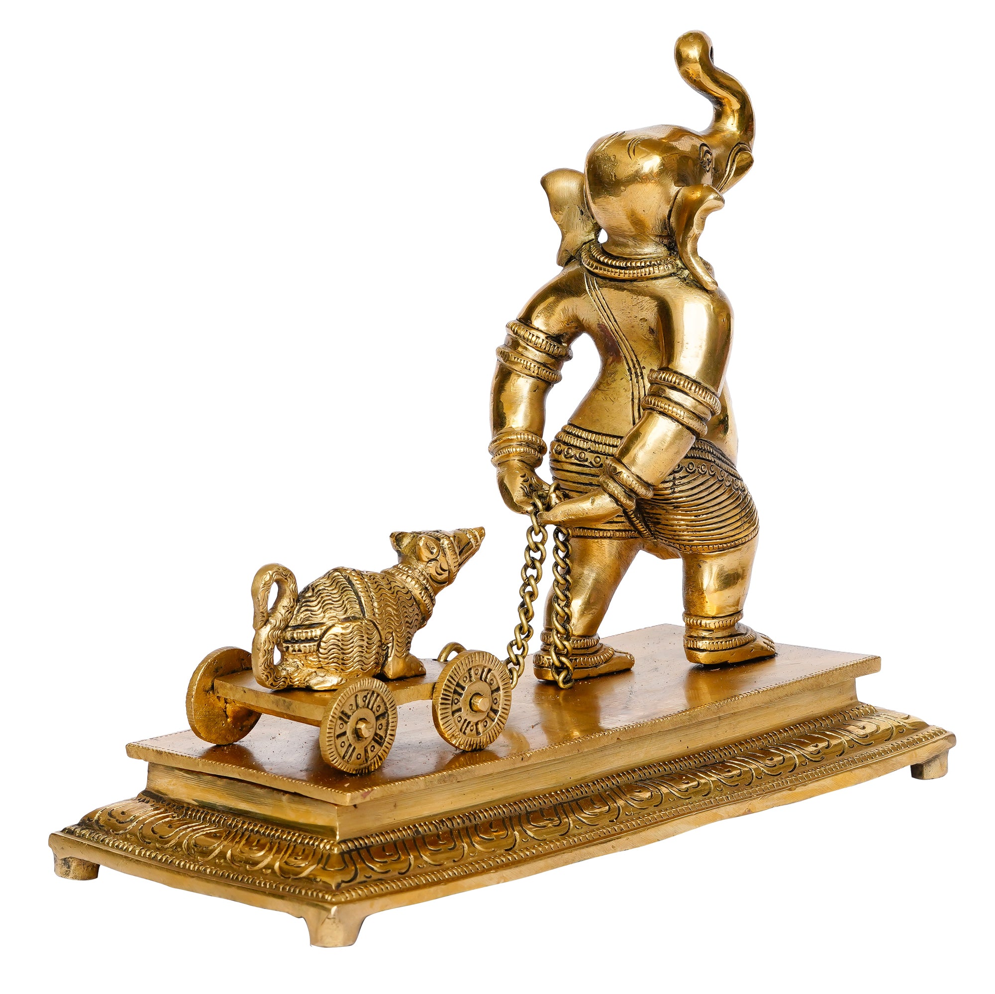 Golden Brass Handcrafted Lord Ganesha Idol Carrying Mushak Cart with Chain 5