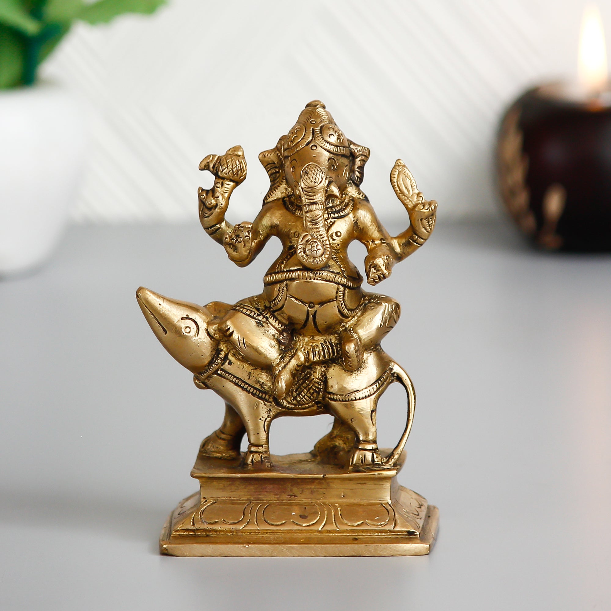 Lord Ganesha sitting on Mushak Brass Handcrafted Idol