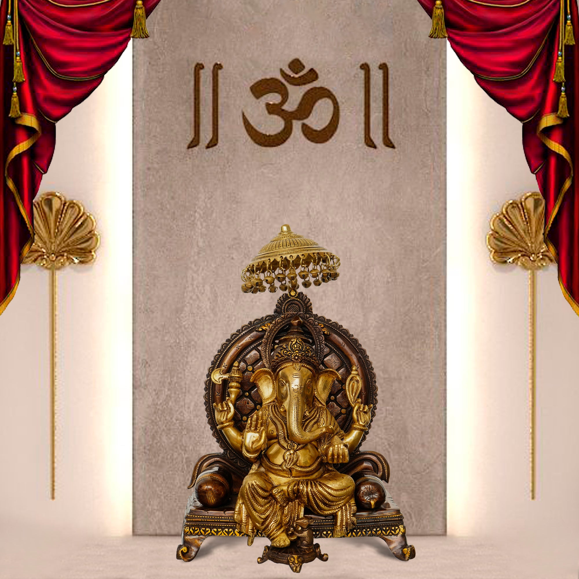 Golden Antique Look Handcrafted Premium Brass Lord Ganesha Idol Sitting on a Throne With Chhatri 1