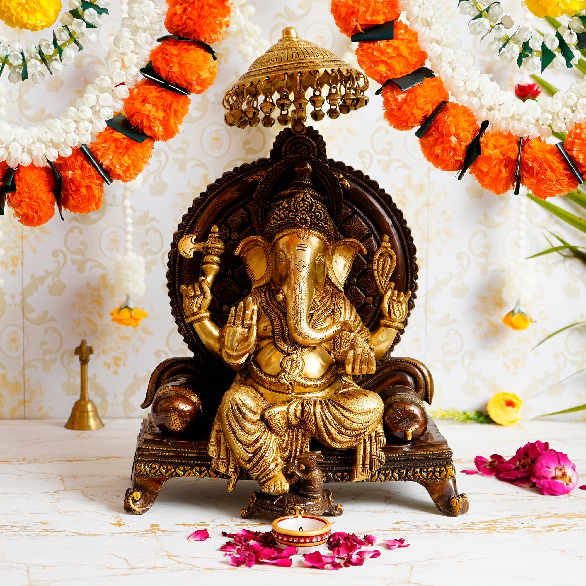 Golden Antique Look Handcrafted Premium Brass Lord Ganesha Idol Sitting on a Throne With Chhatri