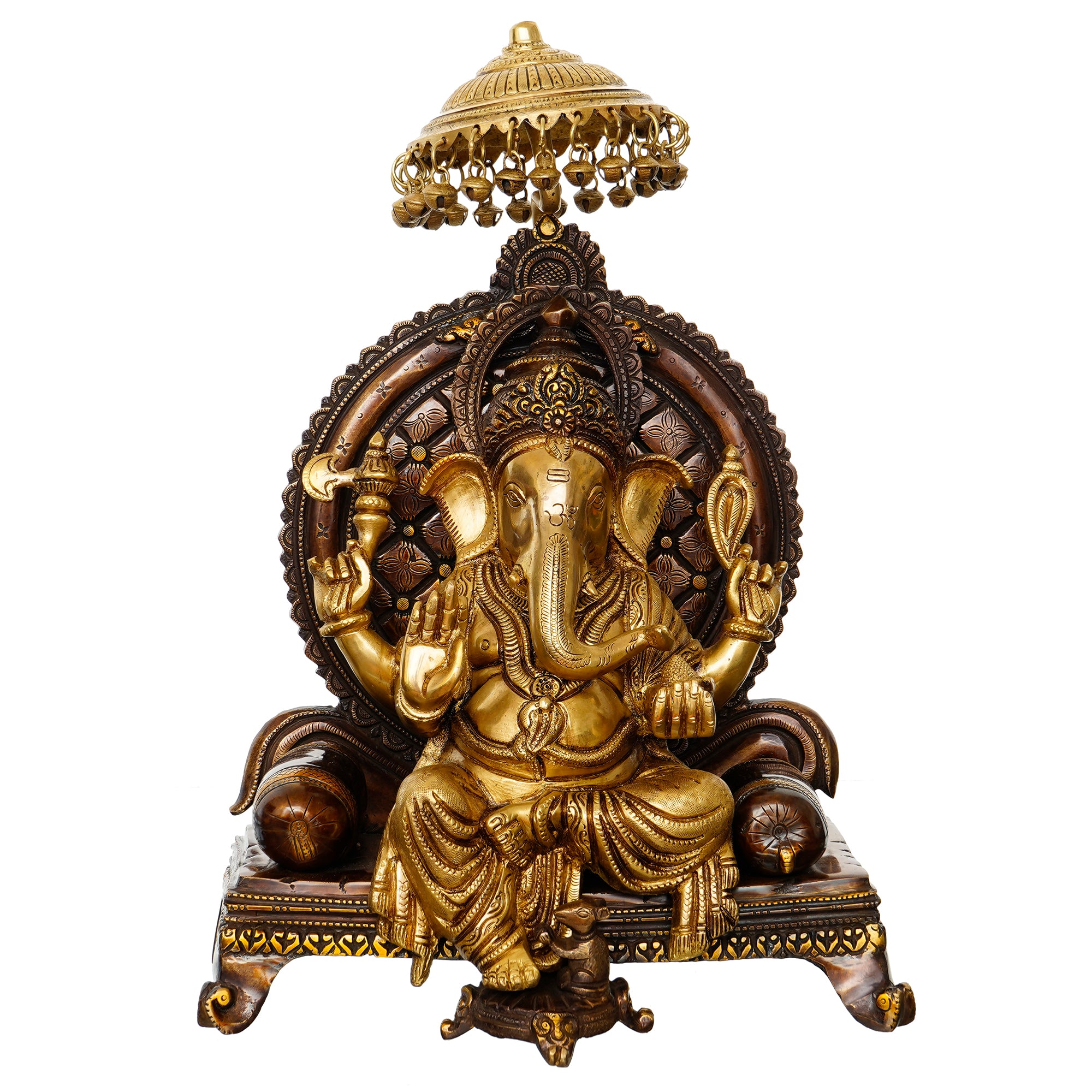 Golden Antique Look Handcrafted Premium Brass Lord Ganesha Idol Sitting on a Throne With Chhatri 2