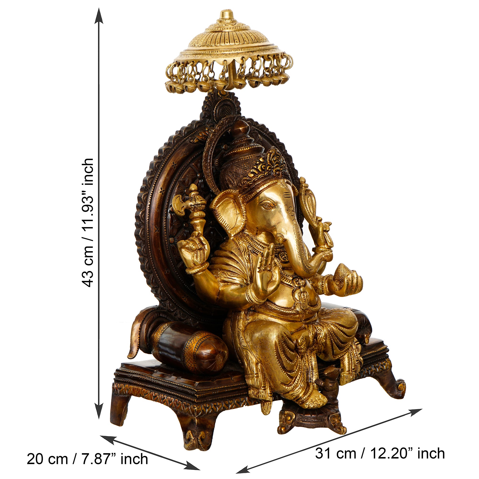 Golden Antique Look Handcrafted Premium Brass Lord Ganesha Idol Sitting on a Throne With Chhatri 3