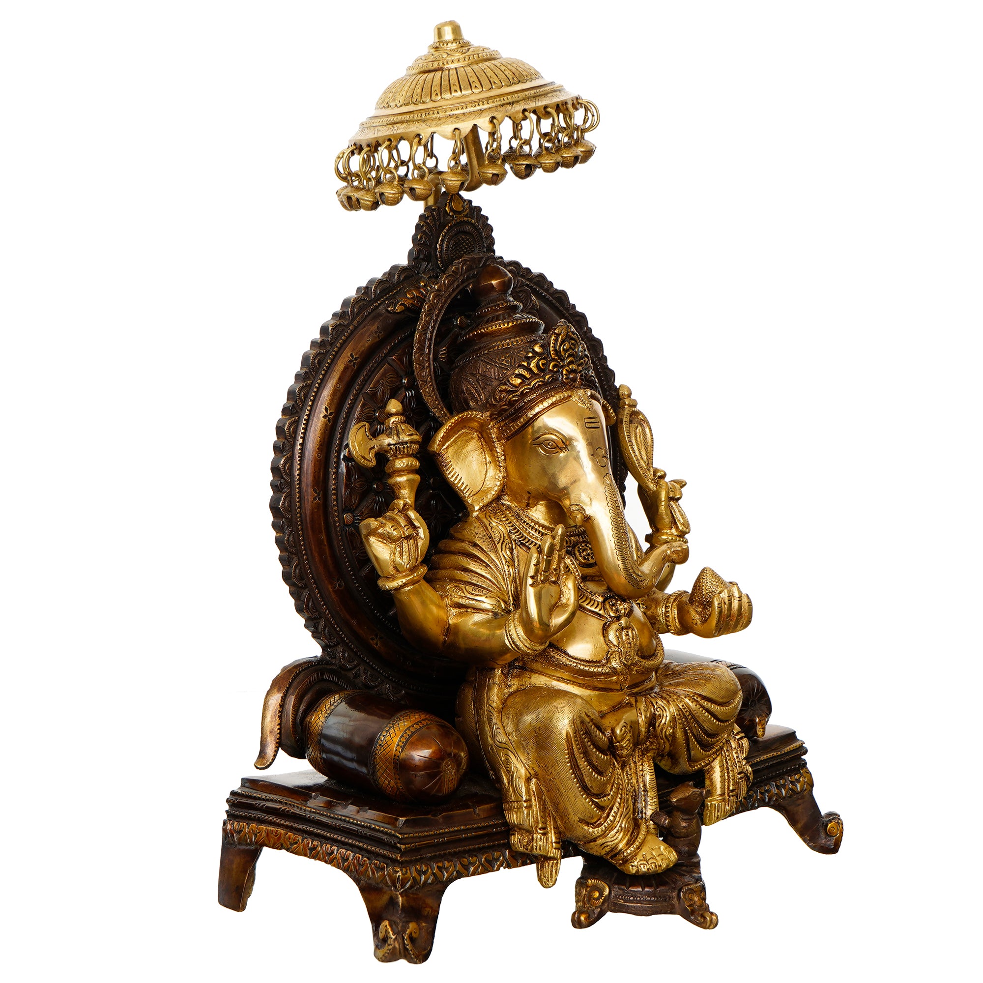 Golden Antique Look Handcrafted Premium Brass Lord Ganesha Idol Sitting on a Throne With Chhatri 4