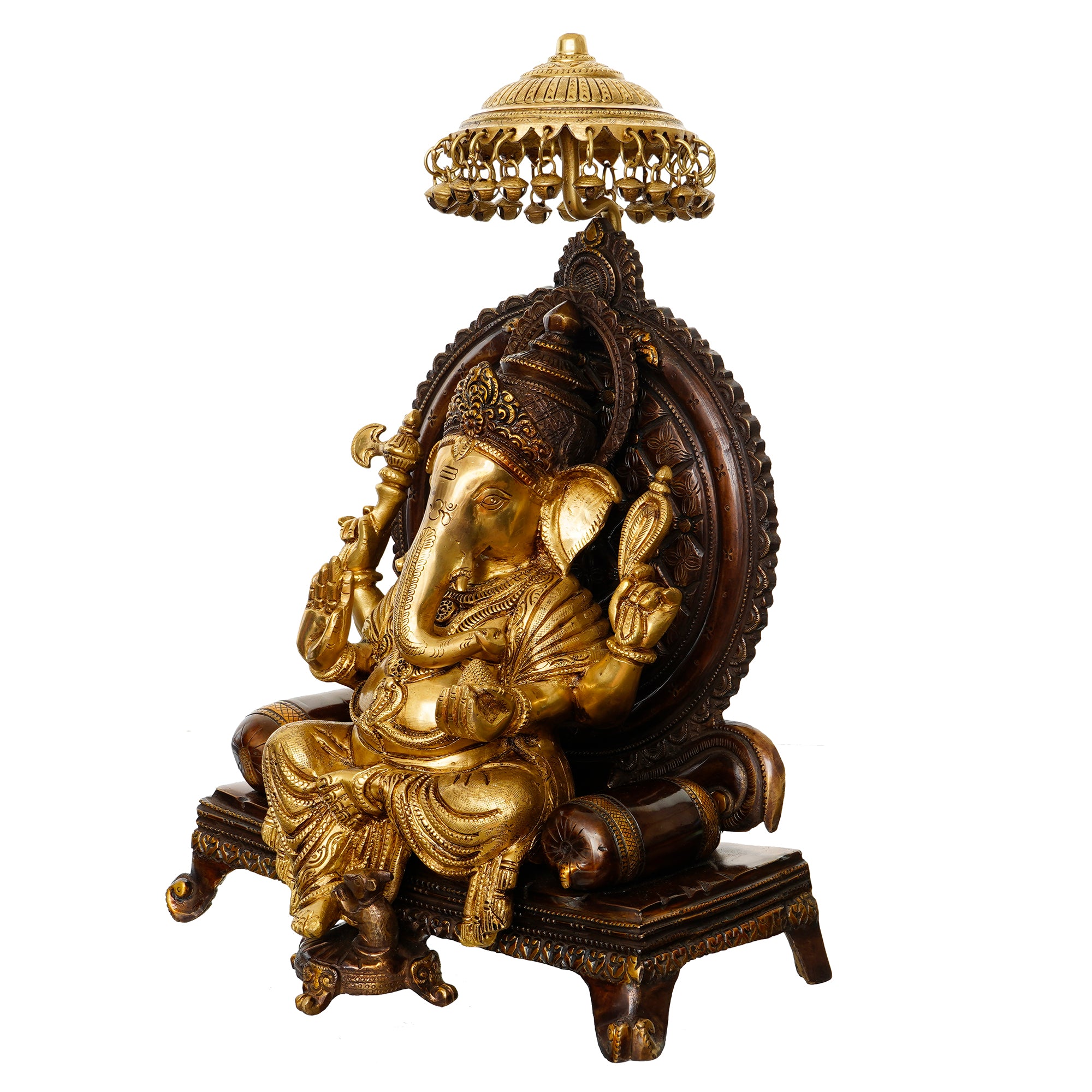 Golden Antique Look Handcrafted Premium Brass Lord Ganesha Idol Sitting on a Throne With Chhatri 5