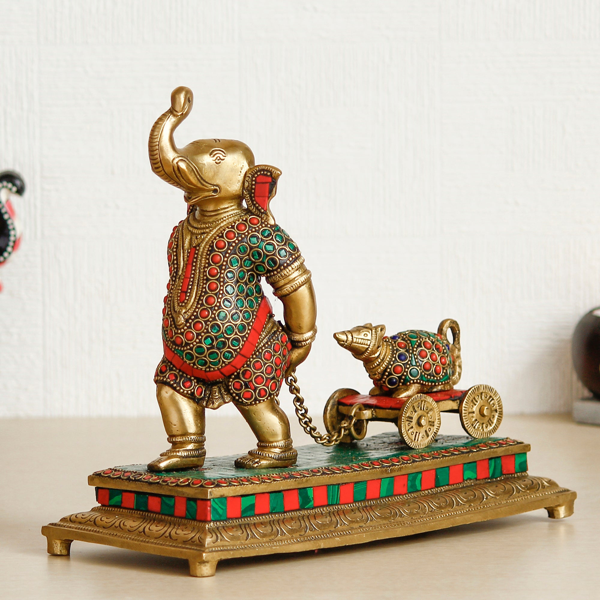 Golden Colorful Stone Work Handcrafted Brass Lord Ganesha Idol Carrying Mushak Cart with Chain 1