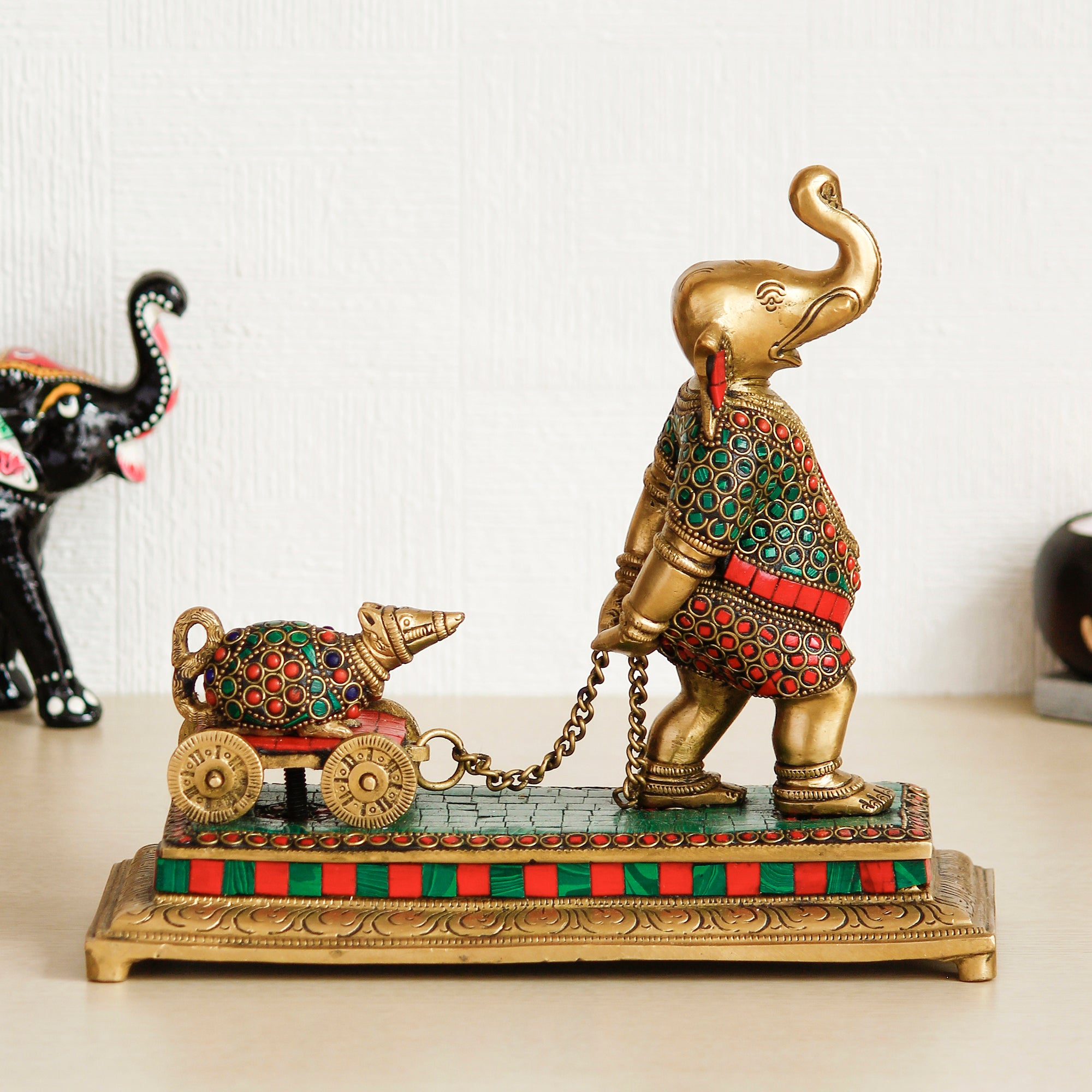 Golden Colorful Stone Work Handcrafted Brass Lord Ganesha Idol Carrying Mushak Cart with Chain 2
