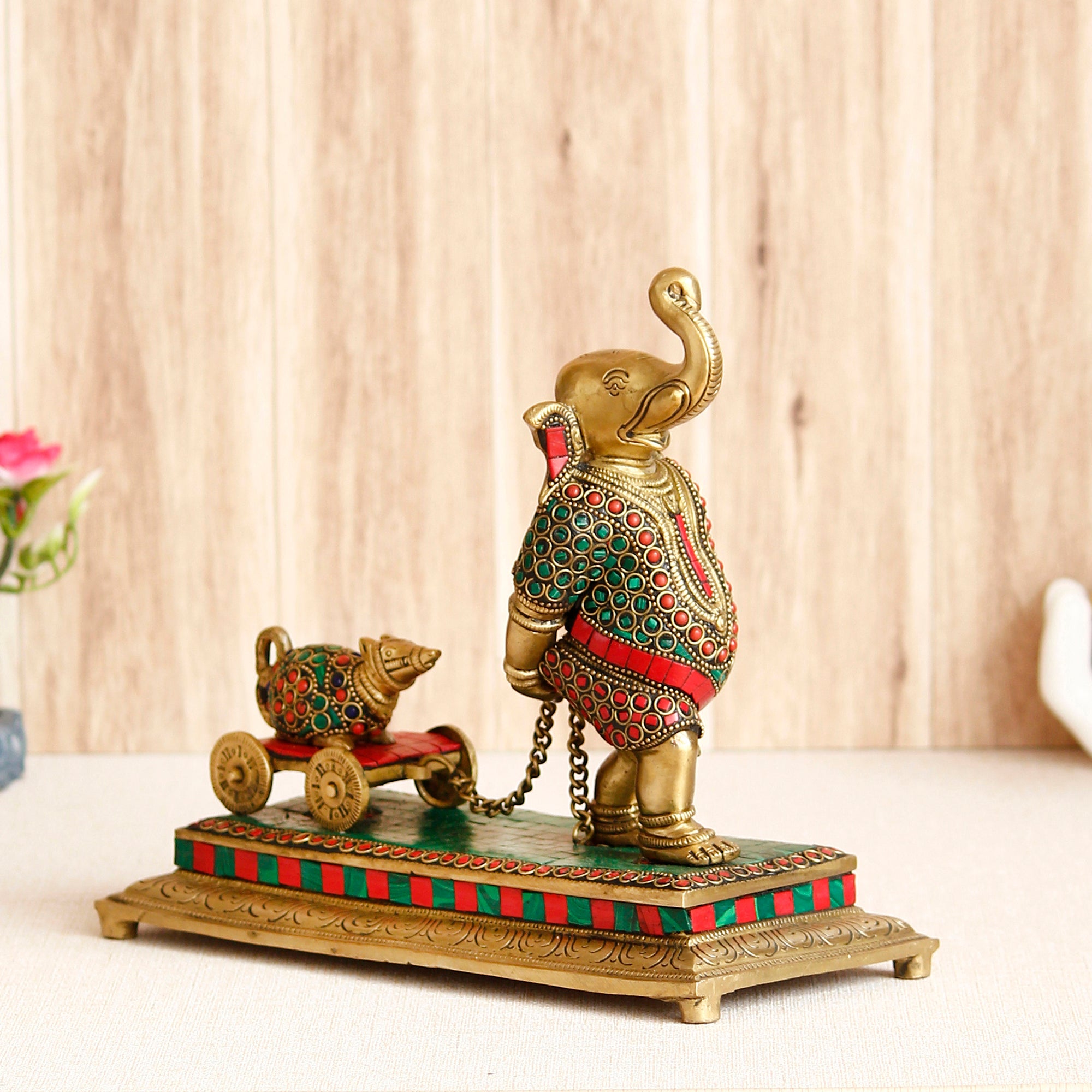 Golden Colorful Stone Work Handcrafted Brass Lord Ganesha Idol Carrying Mushak Cart with Chain