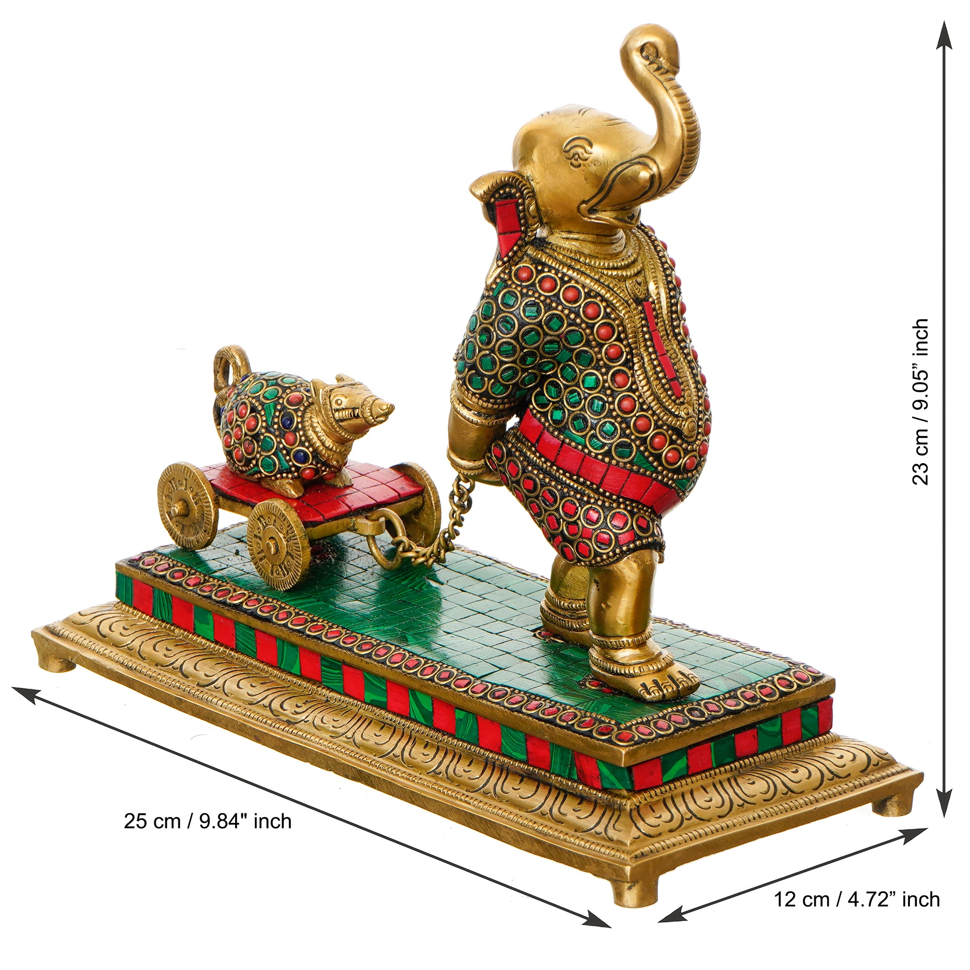 Golden Colorful Stone Work Handcrafted Brass Lord Ganesha Idol Carrying Mushak Cart with Chain 4