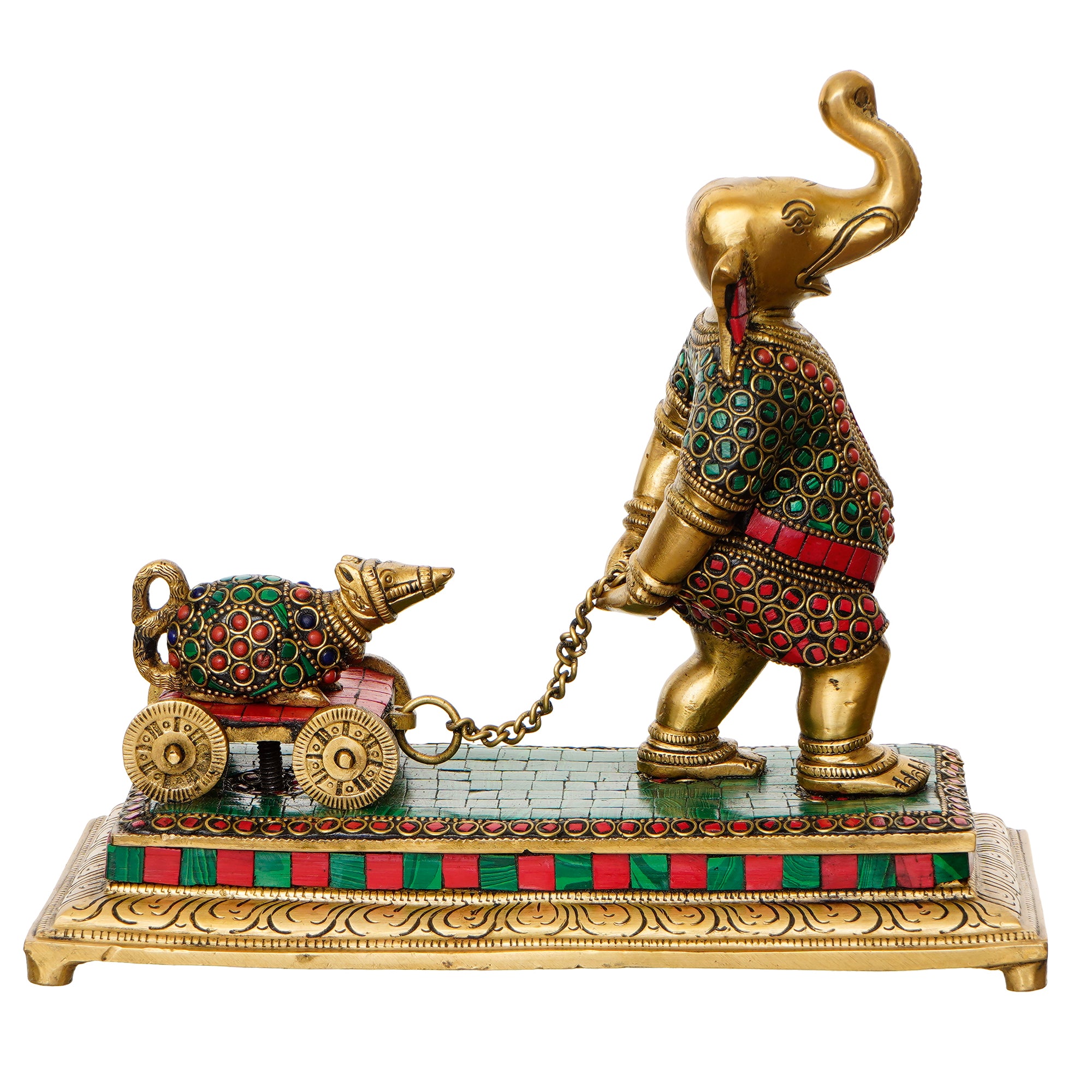 Golden Colorful Stone Work Handcrafted Brass Lord Ganesha Idol Carrying Mushak Cart with Chain 5