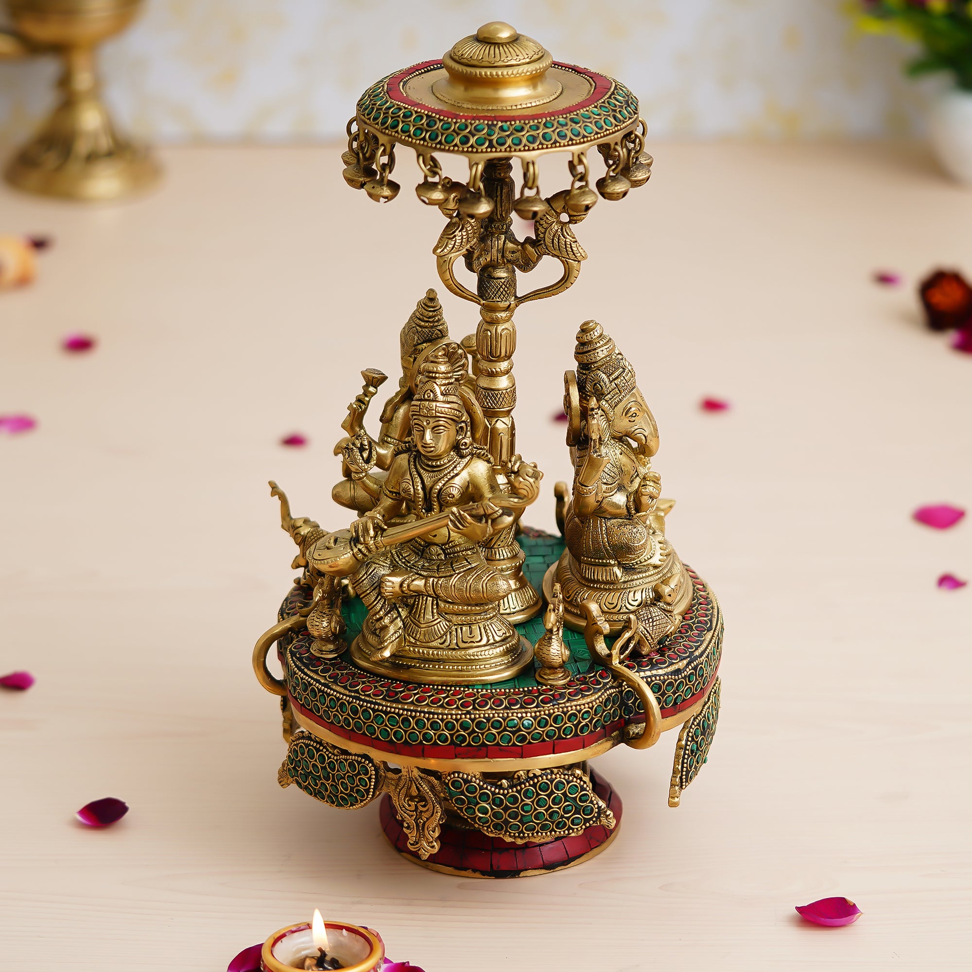 Colorful Stone Work Golden Brass Handcrafted Lord Ganesha, Laxmi and Saraswati Idols on 360 Degree Rotating Base