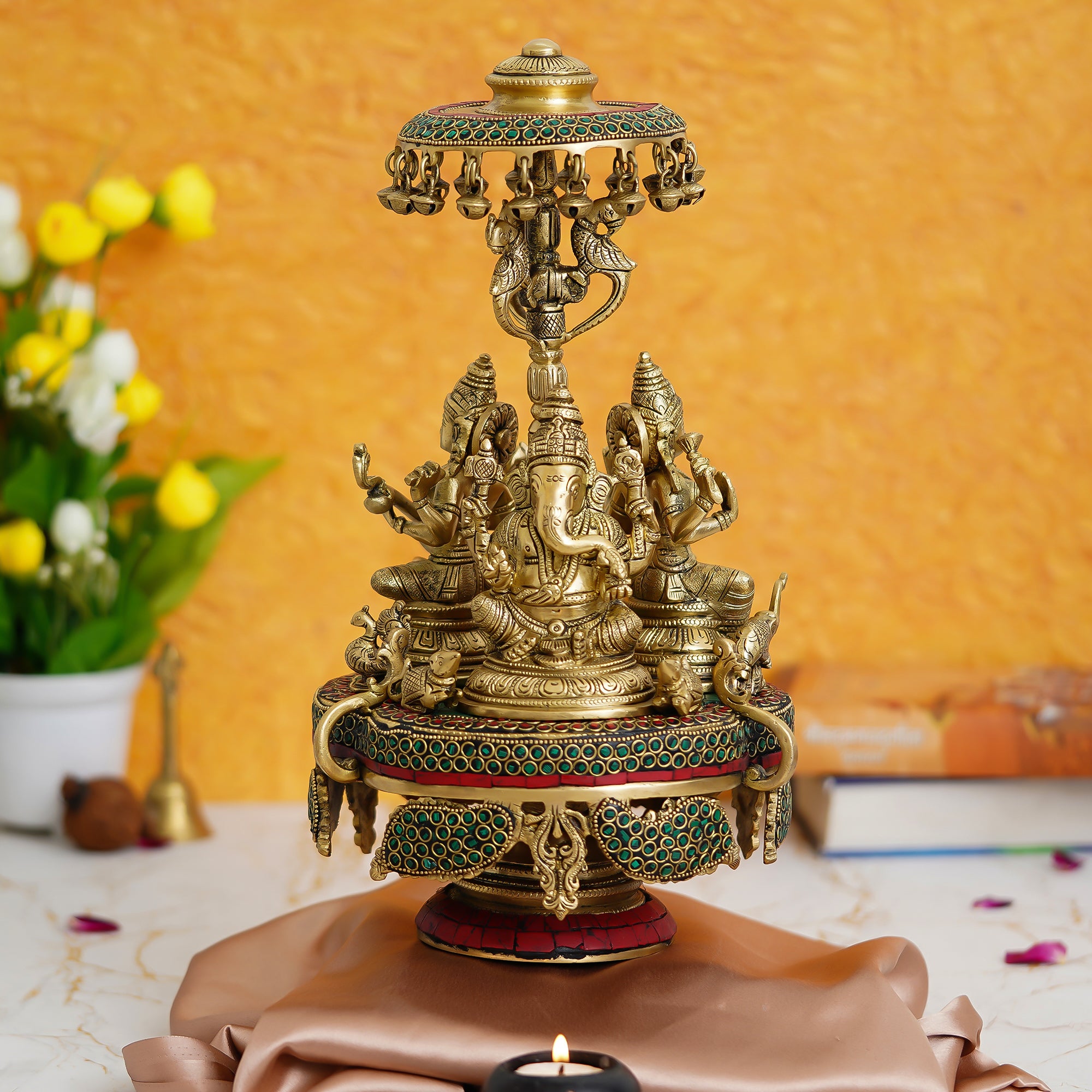 Colorful Stone Work Golden Brass Handcrafted Lord Ganesha, Laxmi and Saraswati Idols on 360 Degree Rotating Base 1