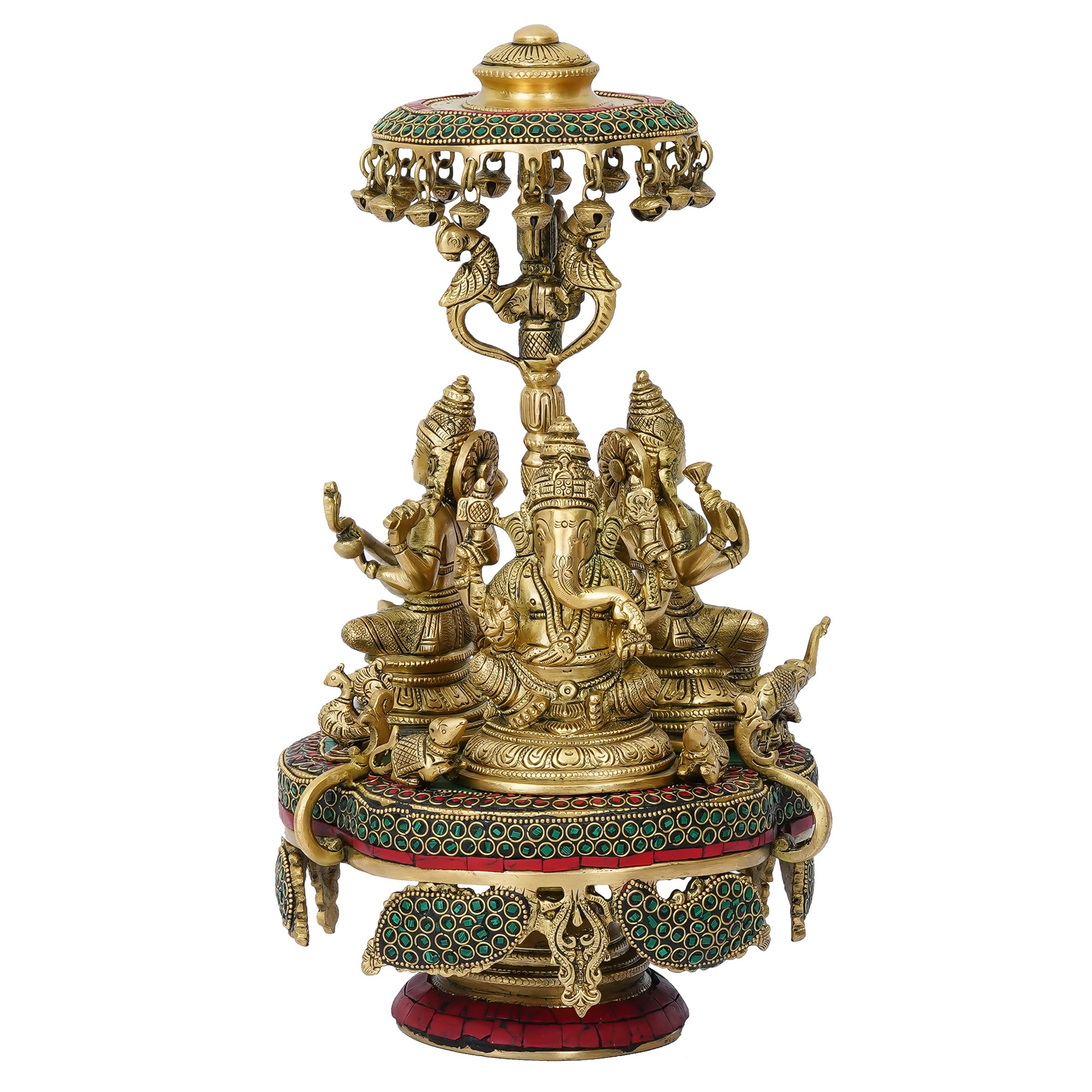 Colorful Stone Work Golden Brass Handcrafted Lord Ganesha, Laxmi and Saraswati Idols on 360 Degree Rotating Base 2