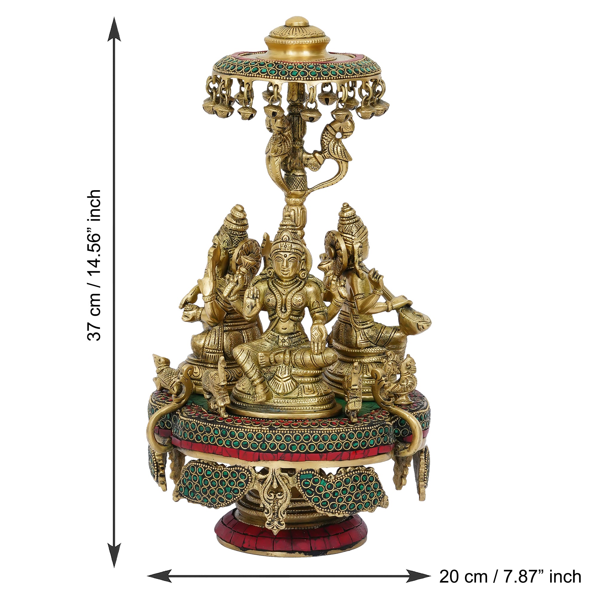 Colorful Stone Work Golden Brass Handcrafted Lord Ganesha, Laxmi and Saraswati Idols on 360 Degree Rotating Base 3