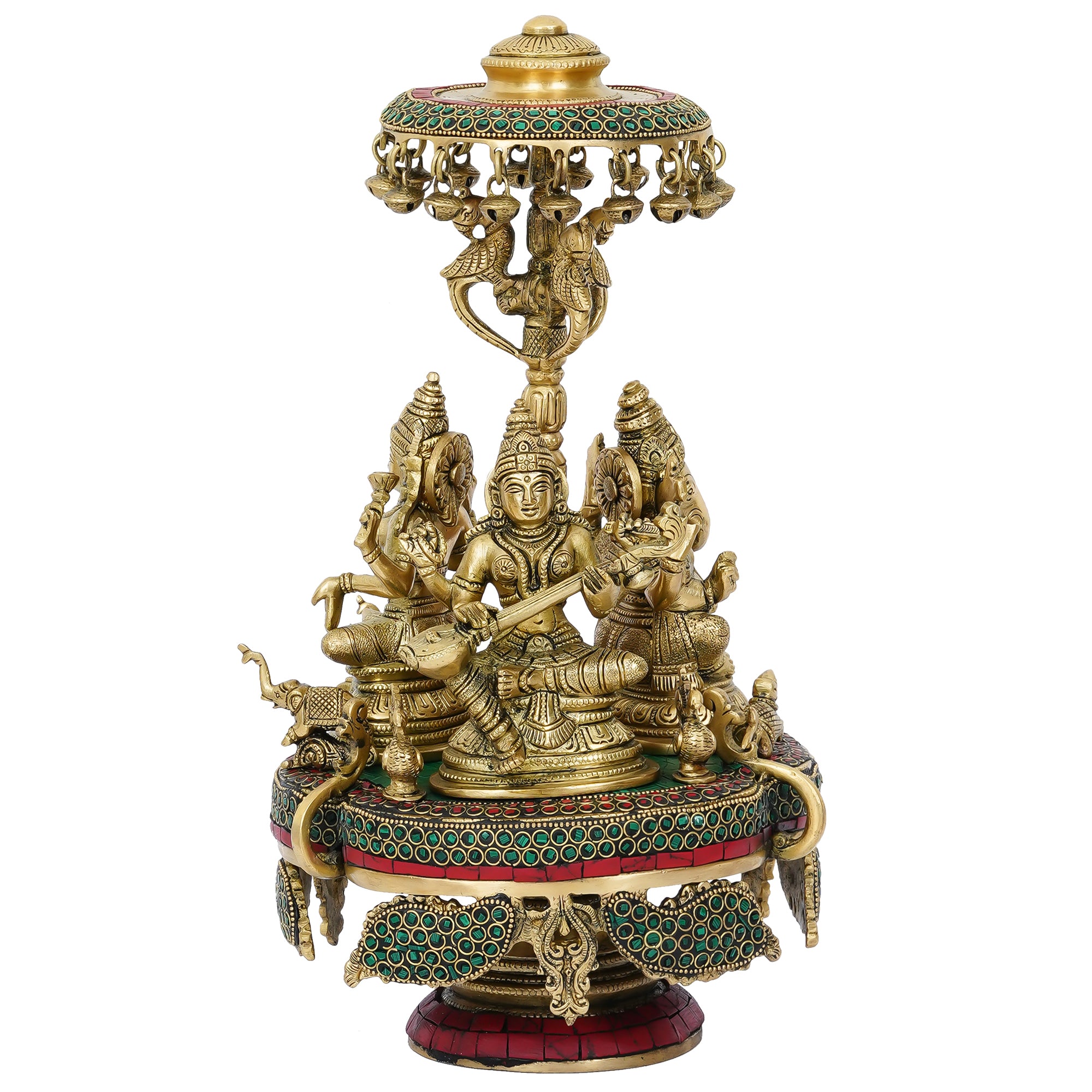 Colorful Stone Work Golden Brass Handcrafted Lord Ganesha, Laxmi and Saraswati Idols on 360 Degree Rotating Base 4