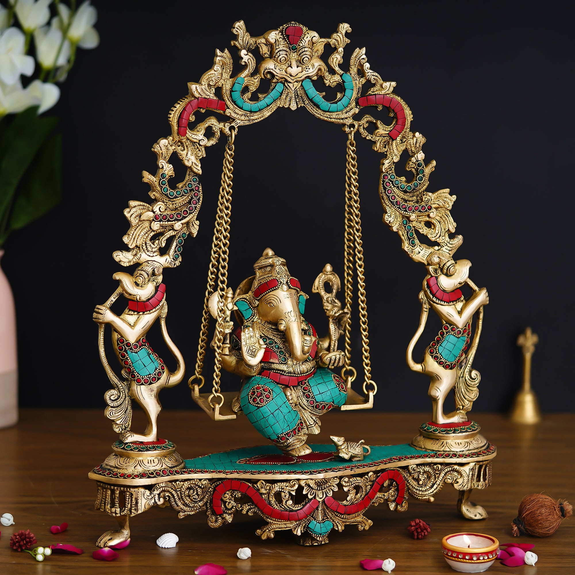 Stone Work Brass Handcrafted Lord Ganesha Idol on a Swing
