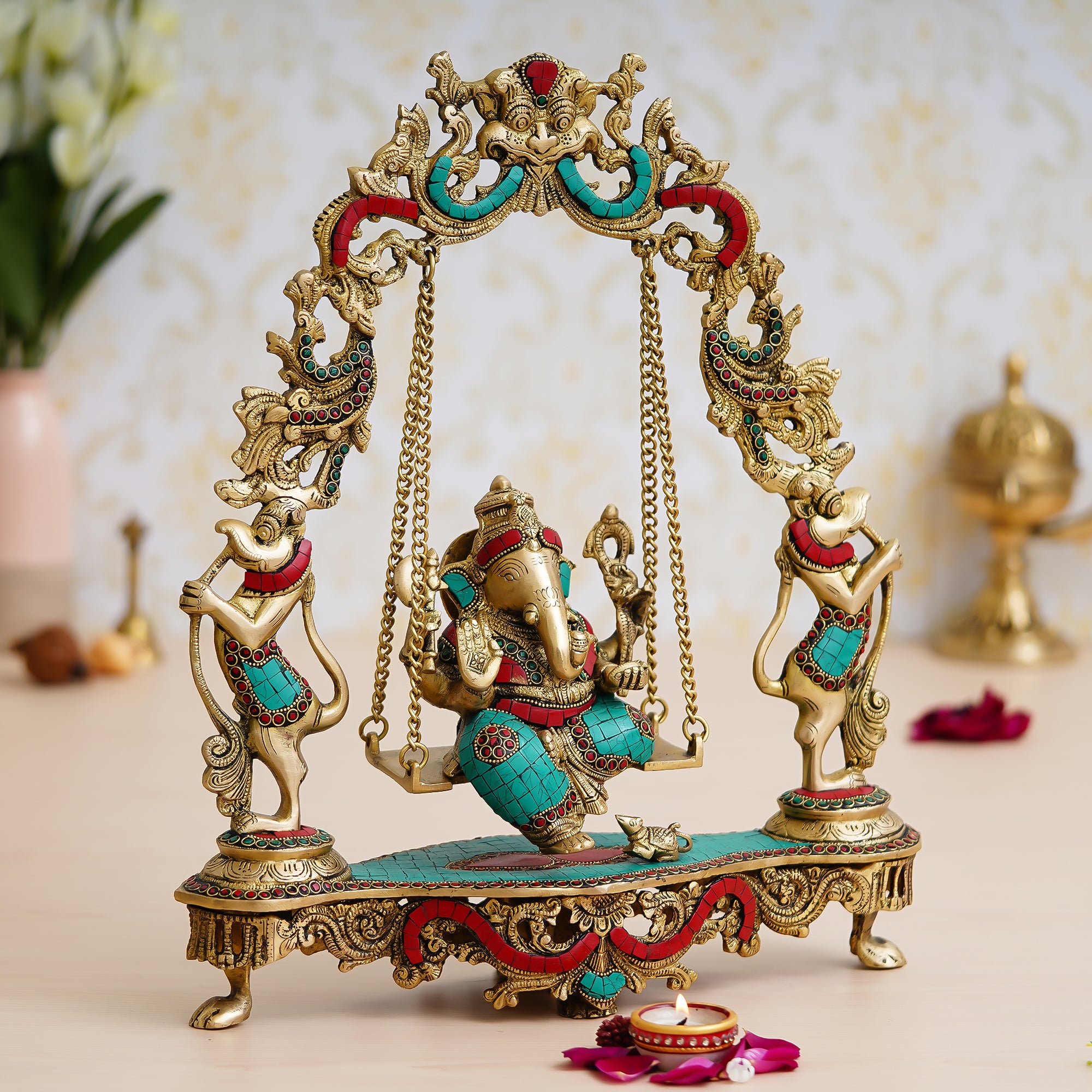 Stone Work Brass Handcrafted Lord Ganesha Idol on a Swing 1