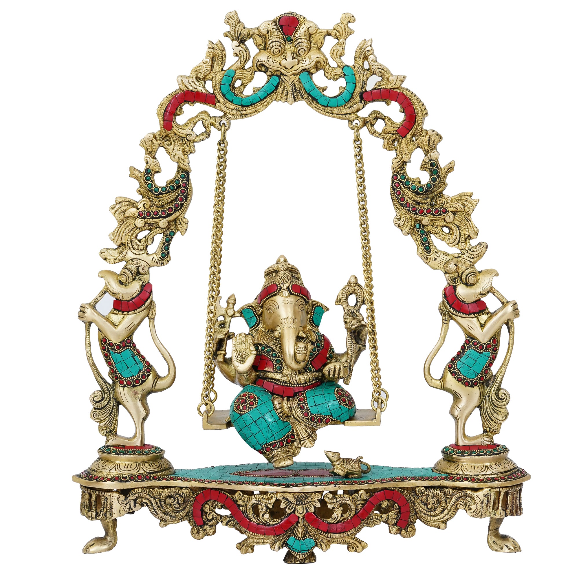 Stone Work Brass Handcrafted Lord Ganesha Idol on a Swing 2
