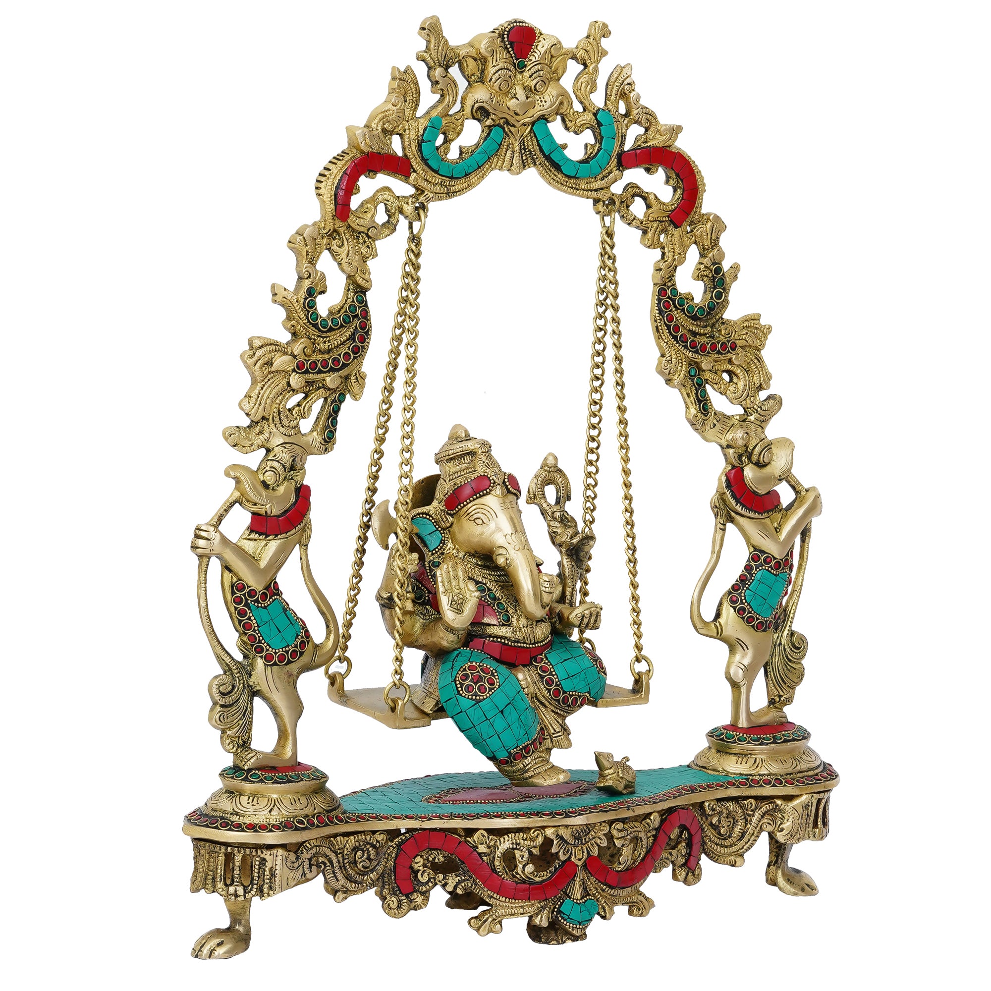 Stone Work Brass Handcrafted Lord Ganesha Idol on a Swing 4