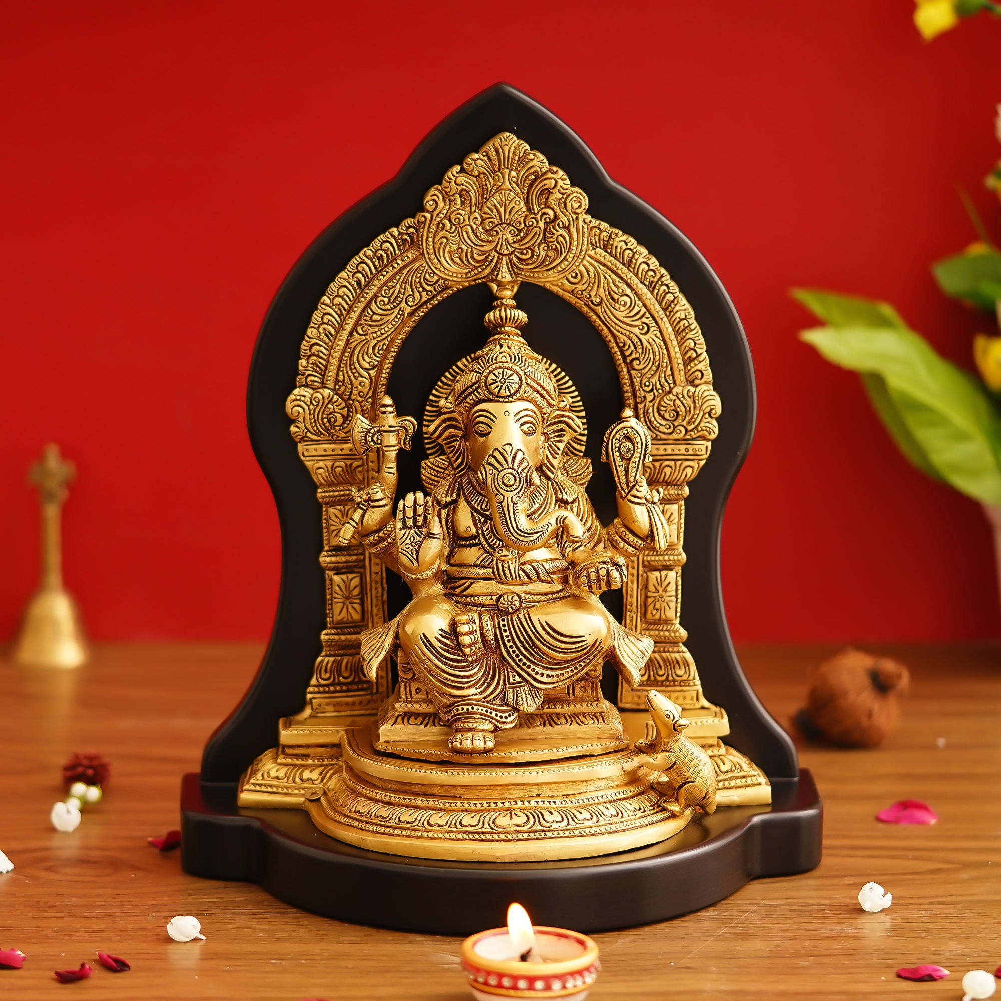 Golden Brass Handcrafted Lord Ganesha Statue on Wooden Base
